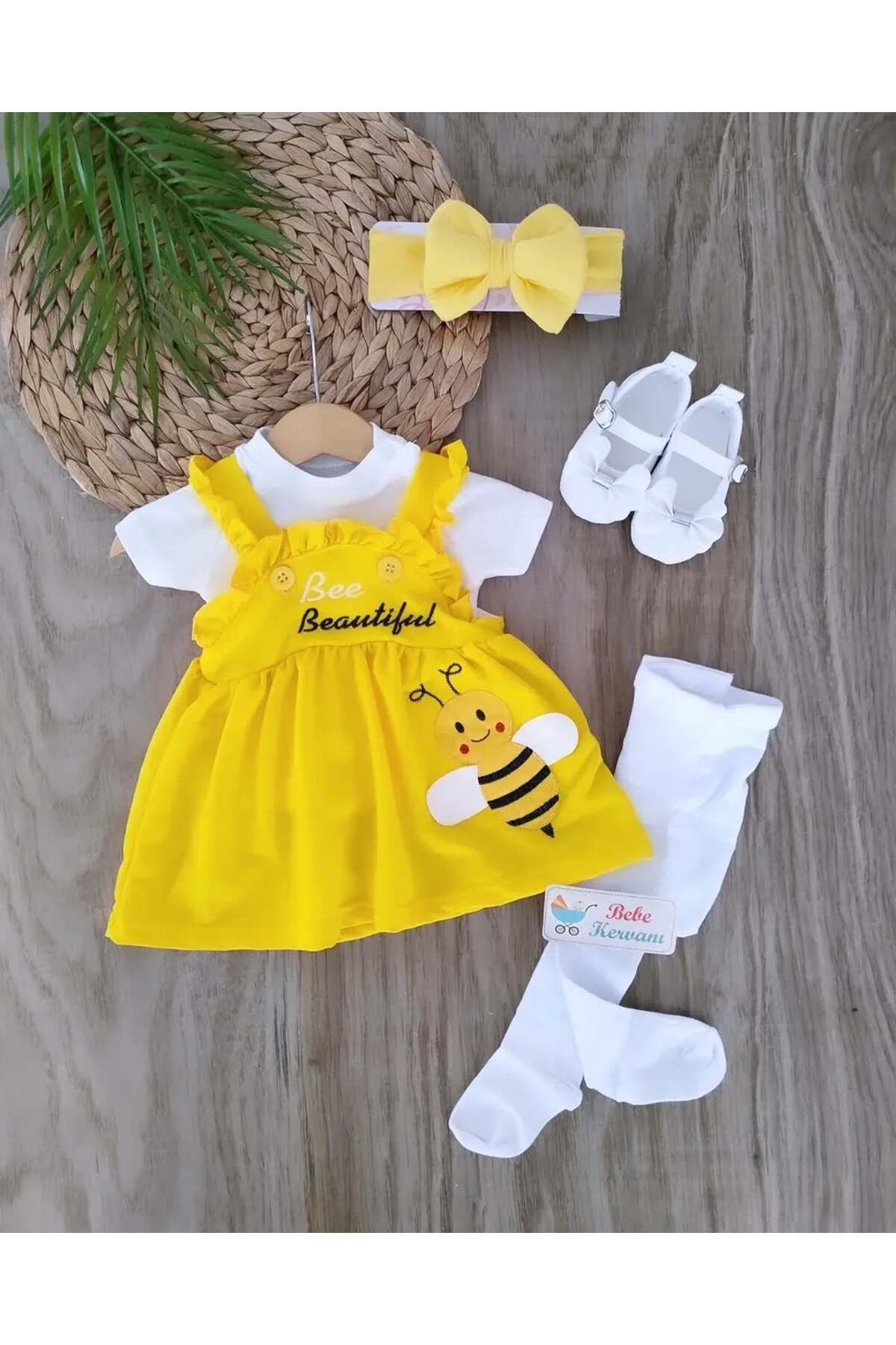 bebe kervanı Kız Bebek %1 00 Pamuklu Sarı Babet Ayakkabılı Elbise Takım Bebek Hediyesi BBK1374