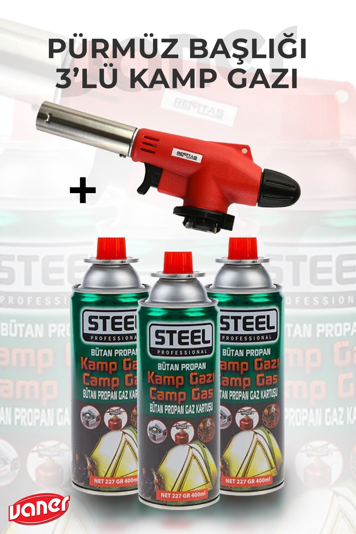 VANER 1300 Derece Profesyonel Pürmüz Çakmak Çok amaçlı Düz Pürmüz Başlığı + 3 adet Steel Kamp Gazı