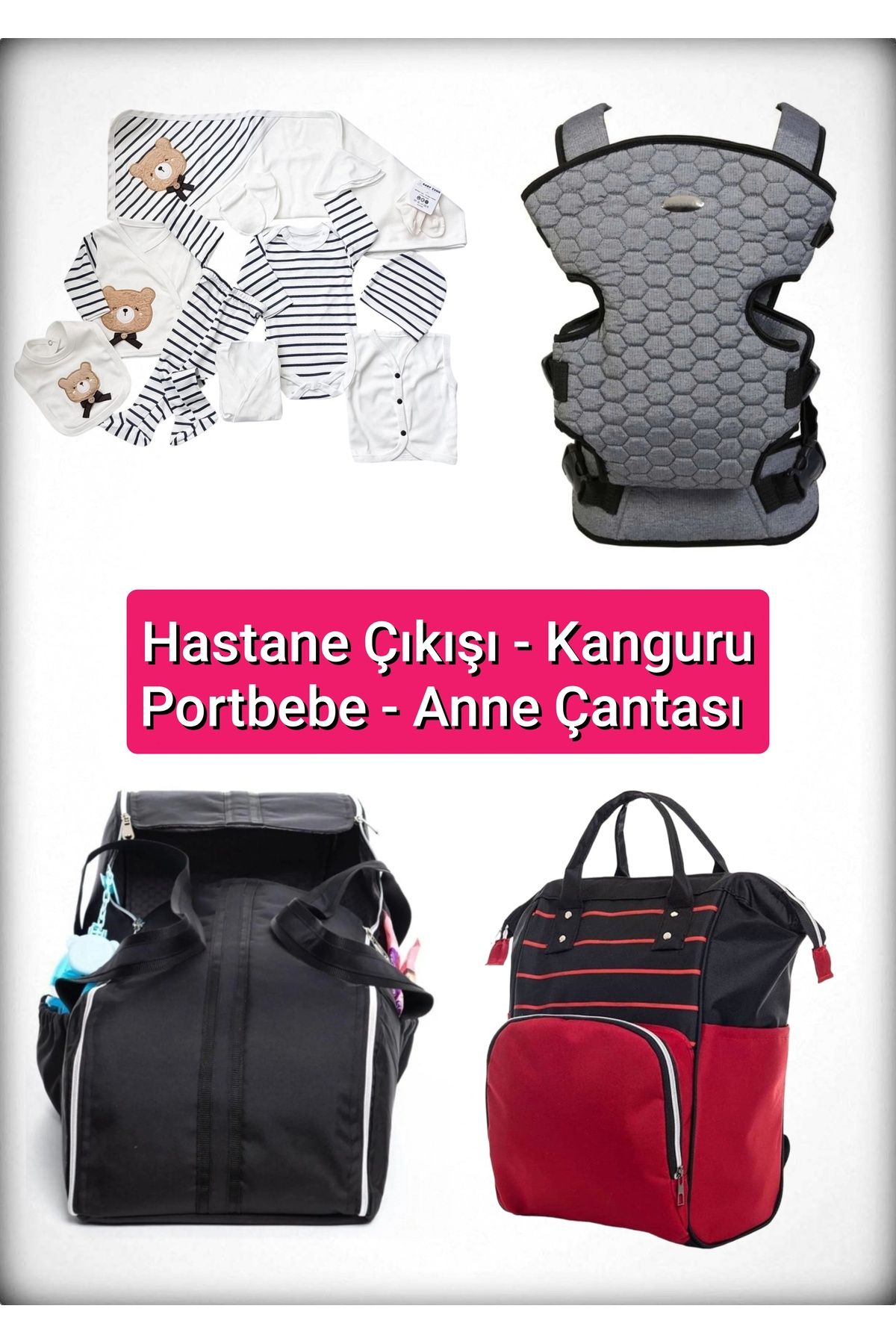 BABY ZUHU 4 Lü Doğum Seti 11 Parça Hastane Çıkışlı Portbebeli Kangurulu ve Anne Bebek Bakım Çantalı