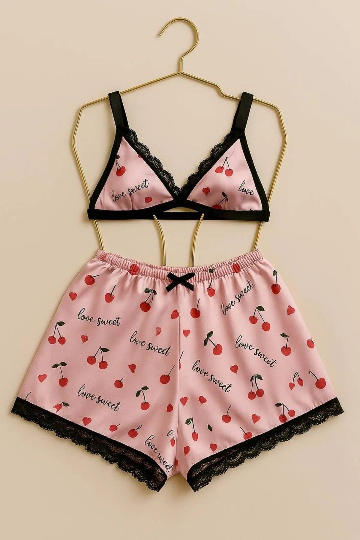 shiny date-Cherry Patterned Satin Shorts Pajama Set 1
