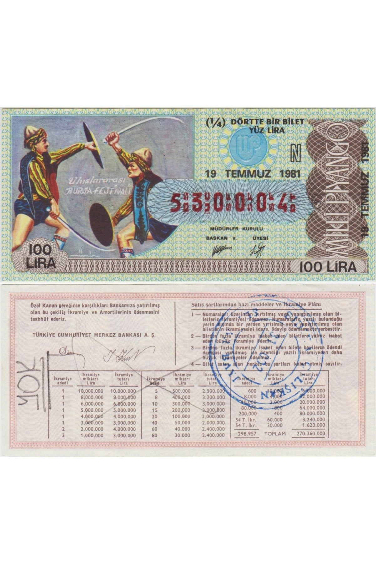 Banknoting ESKİ MİLLİ PİYANGO 1/4 ÇEYREK BİLET 19 TEMMUZ 1981 ULUSLARARASI BURSA FESTİVALİ. N SERİSİ 100 LİRA.