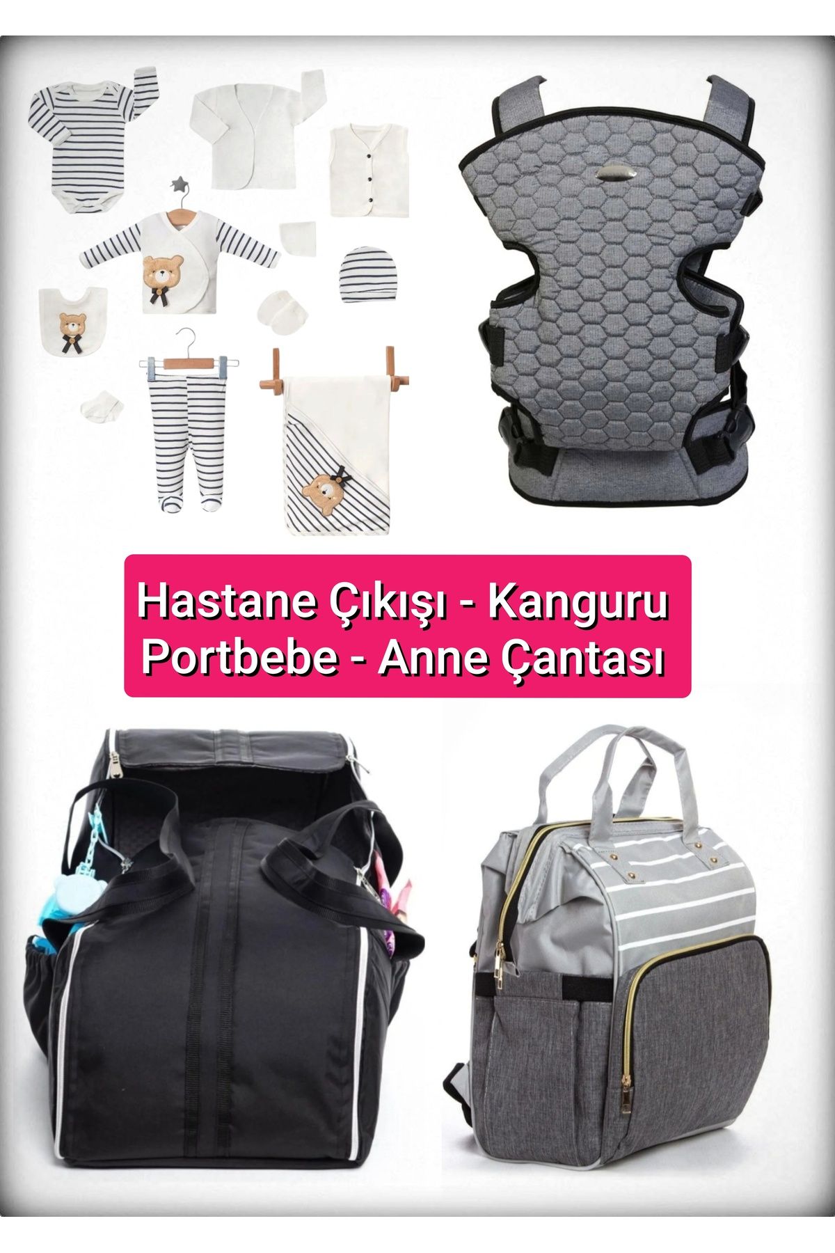 BABY ZUHU 4 Lü Doğum Seti 11 Parça Hastane Çıkışlı Portbebeli Kangurulu ve Anne Bebek Bakım Çantalı