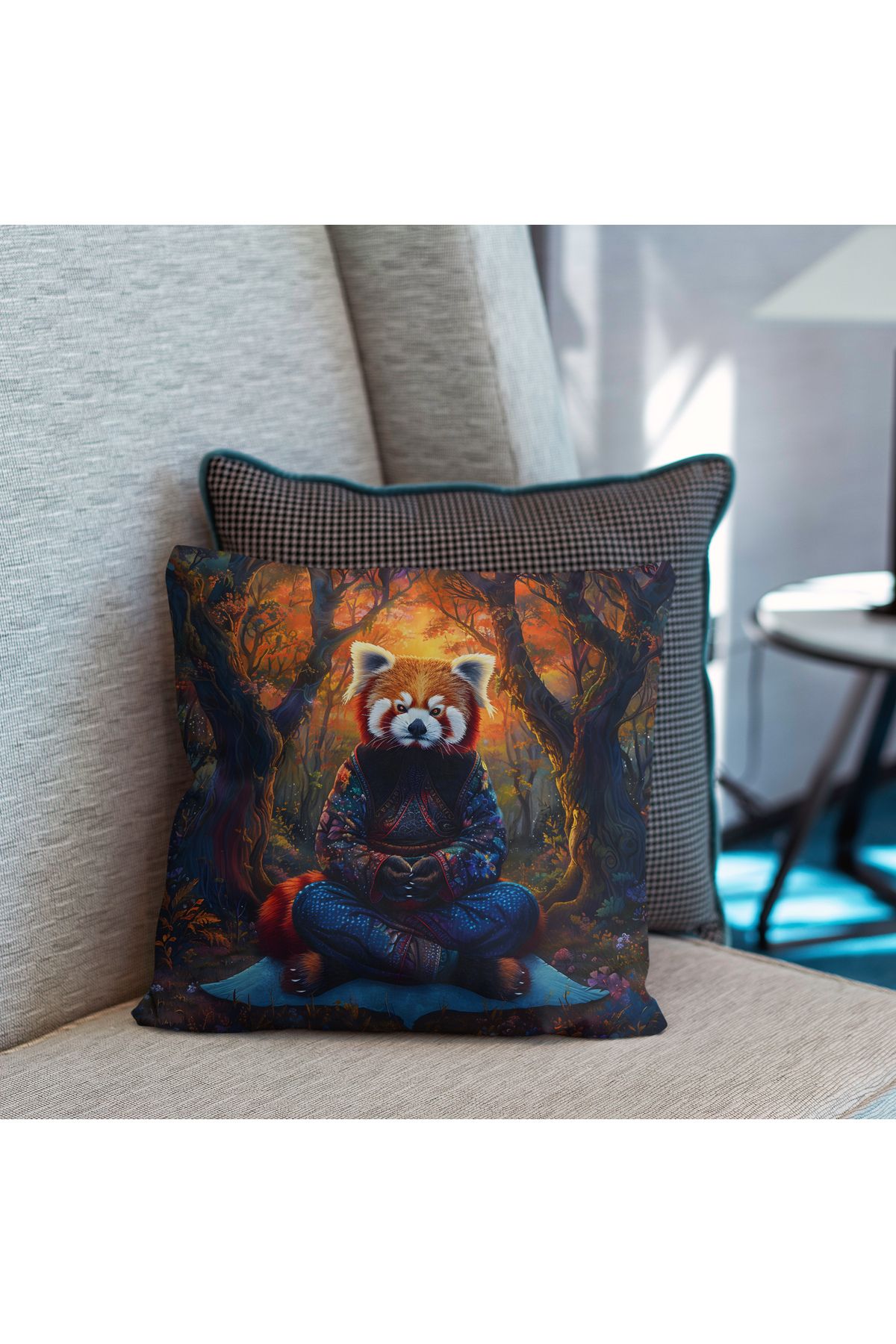 Mumi Dekor Doğa Temalı Manzaralı Gerçekçi Kırmızı Panda Figürlü Dijital Baskılı Kırlent Kılıfı 43X43