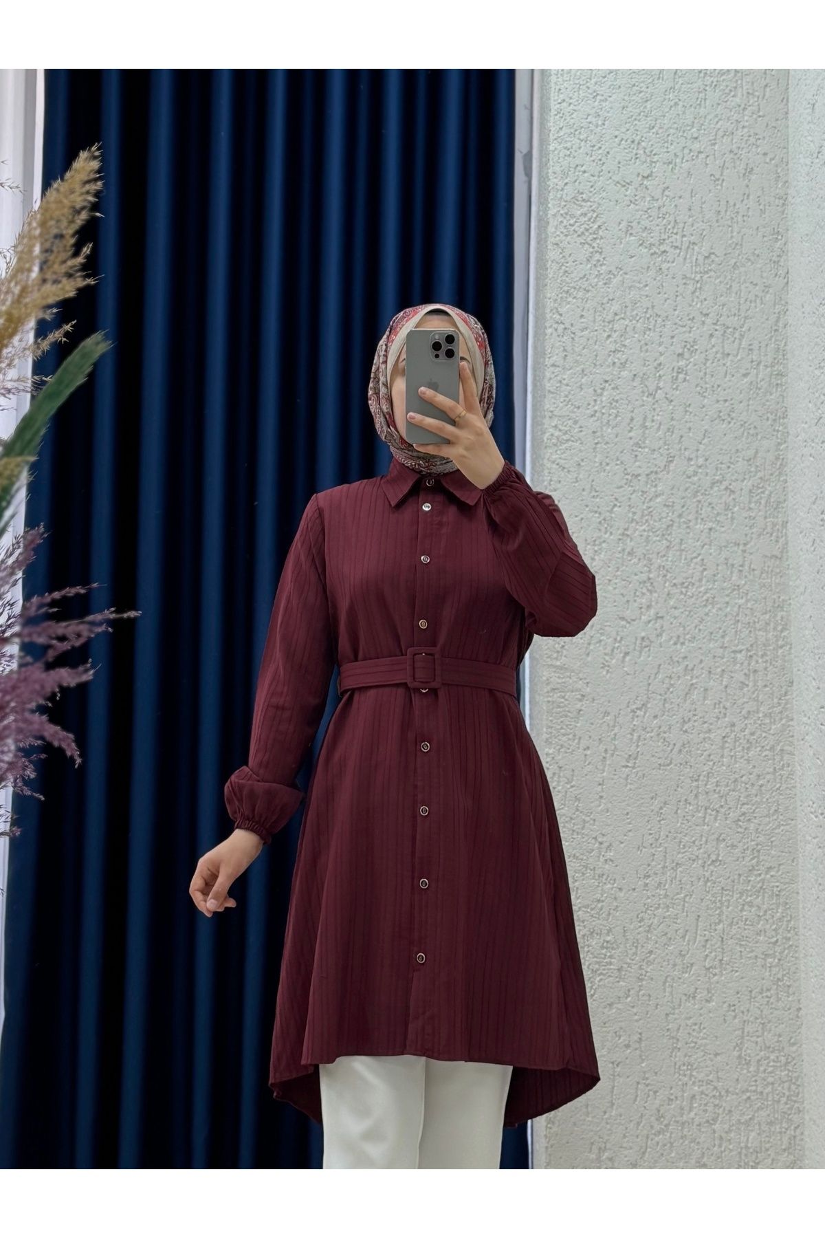 Mihra Vinenya Kol Ucu Lastikli Kemerli Uzun Tunik-ZN4547 Bordo