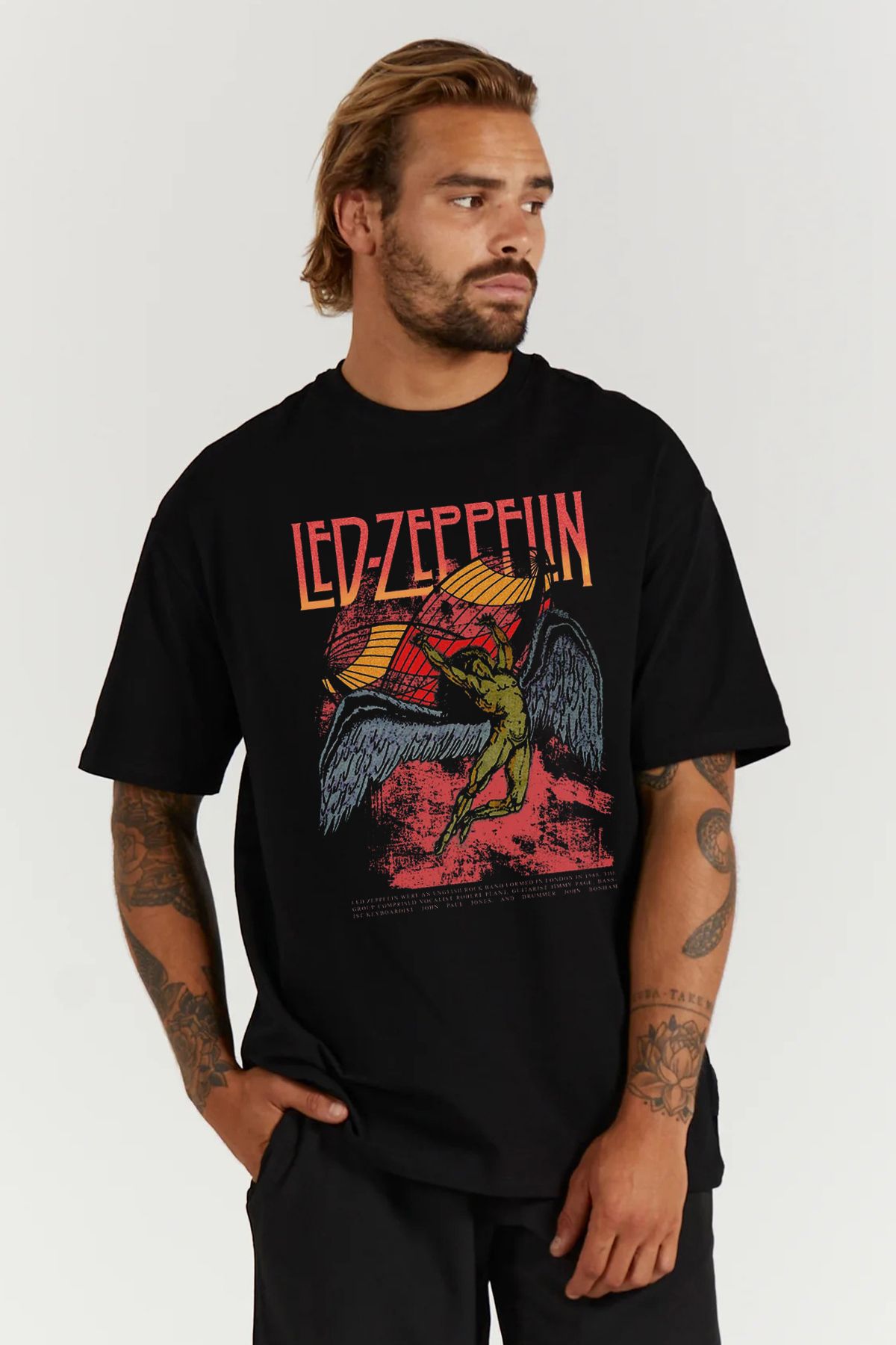MODA Led Zeppelin Baskılı Oversize Kalıp Siyah Geniş Bol Kesim Erkek Tişört
