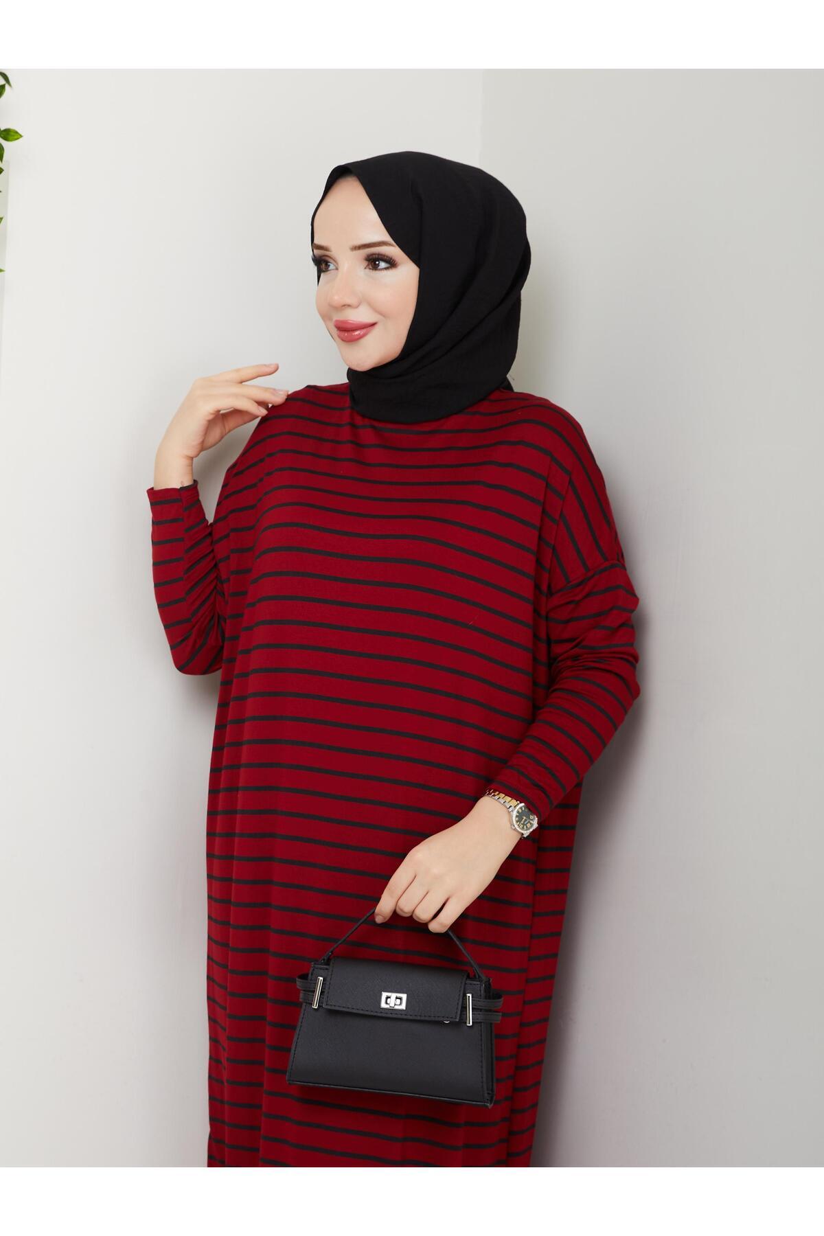 MODAMÜNASİP-Our Striped Viscose Combed Cotton Dress with a Fabric That Doesn'T Define the Line of the Hat 4
