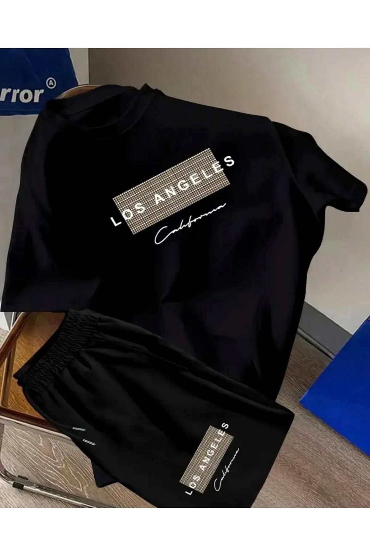 ModaSphere Oversize Bisiklet Yaka Alt Üst T-shirt Şortlu LOS ANGELES Baskılı ikili Takım