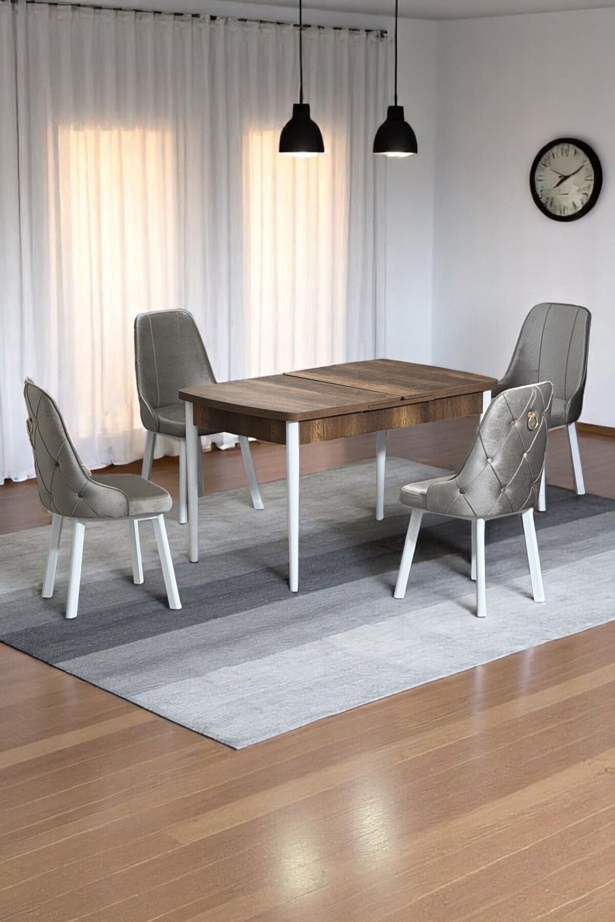 Monera Ceviz 80 x 132 Açılabilen Sunta Masa Metal Ayaklı Mutfak Masası Takımı 4 Cappucino Sandalye-0