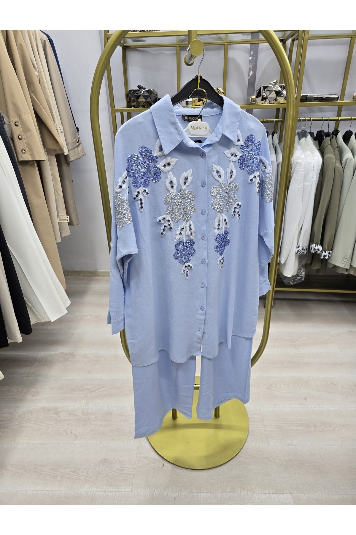 Omka Moda Keten İkili Takım İşlemeli Gömlek Pantolon Takım