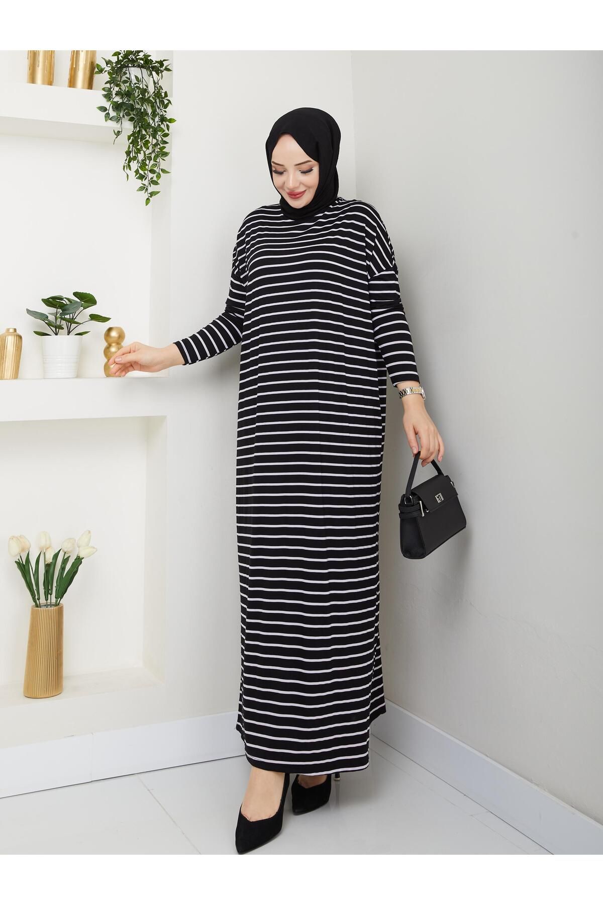 MODAMÜNASİP-Our Striped Viscose Combed Cotton Dress with a Fabric That Doesn'T Define the Line of the Hat 6