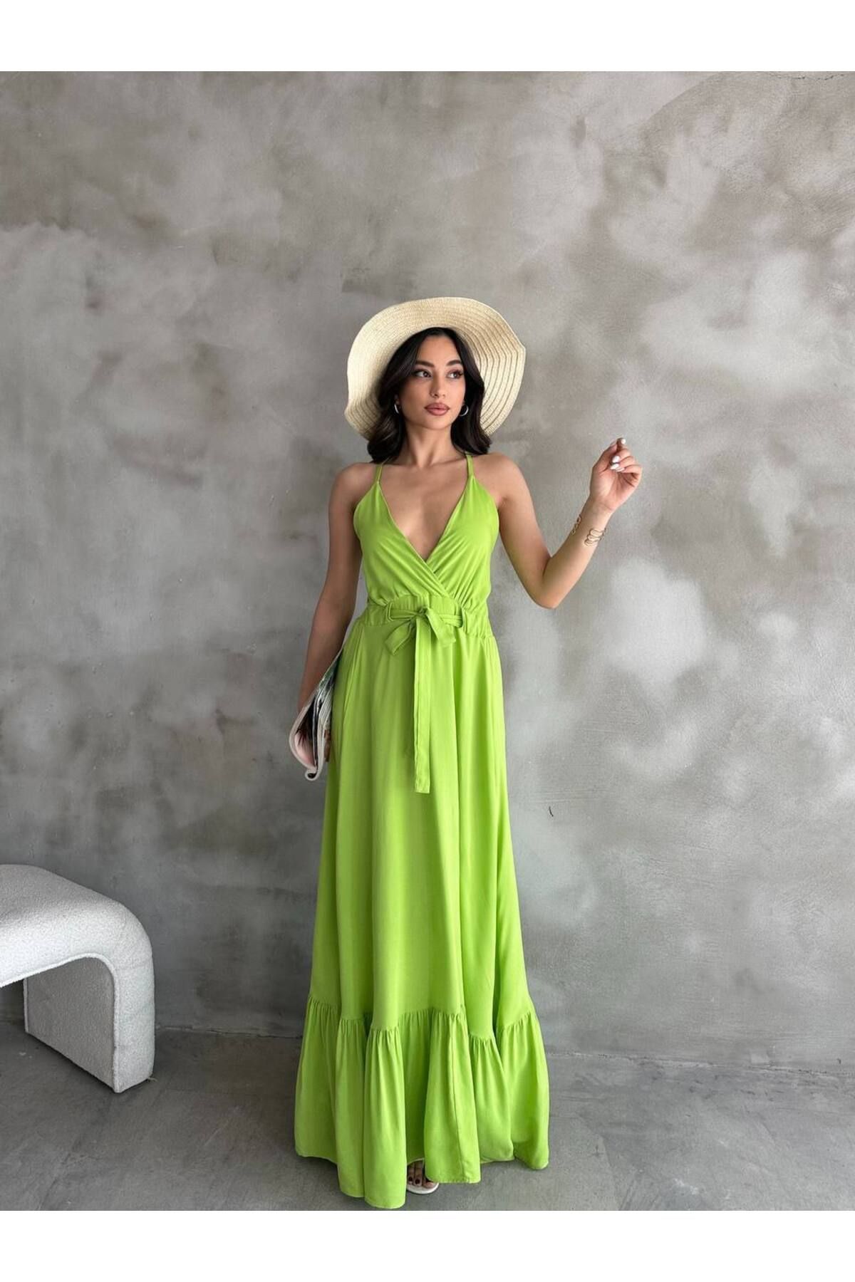 Moda Lounge Kruvaze Yaka Dokuma Elbise Düz Renk
