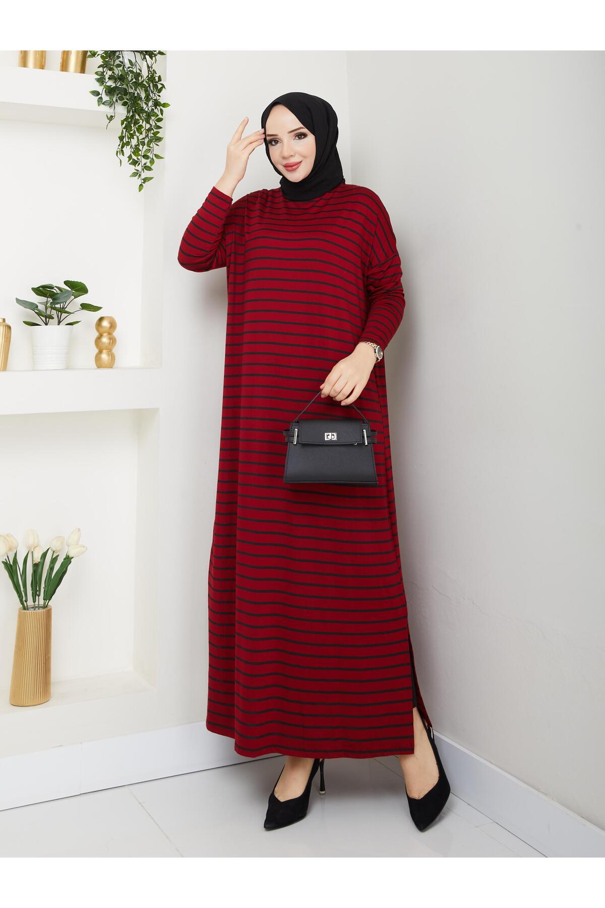 MODAMÜNASİP-Our Striped Viscose Combed Cotton Dress with a Fabric That Doesn'T Define the Line of the Hat 1
