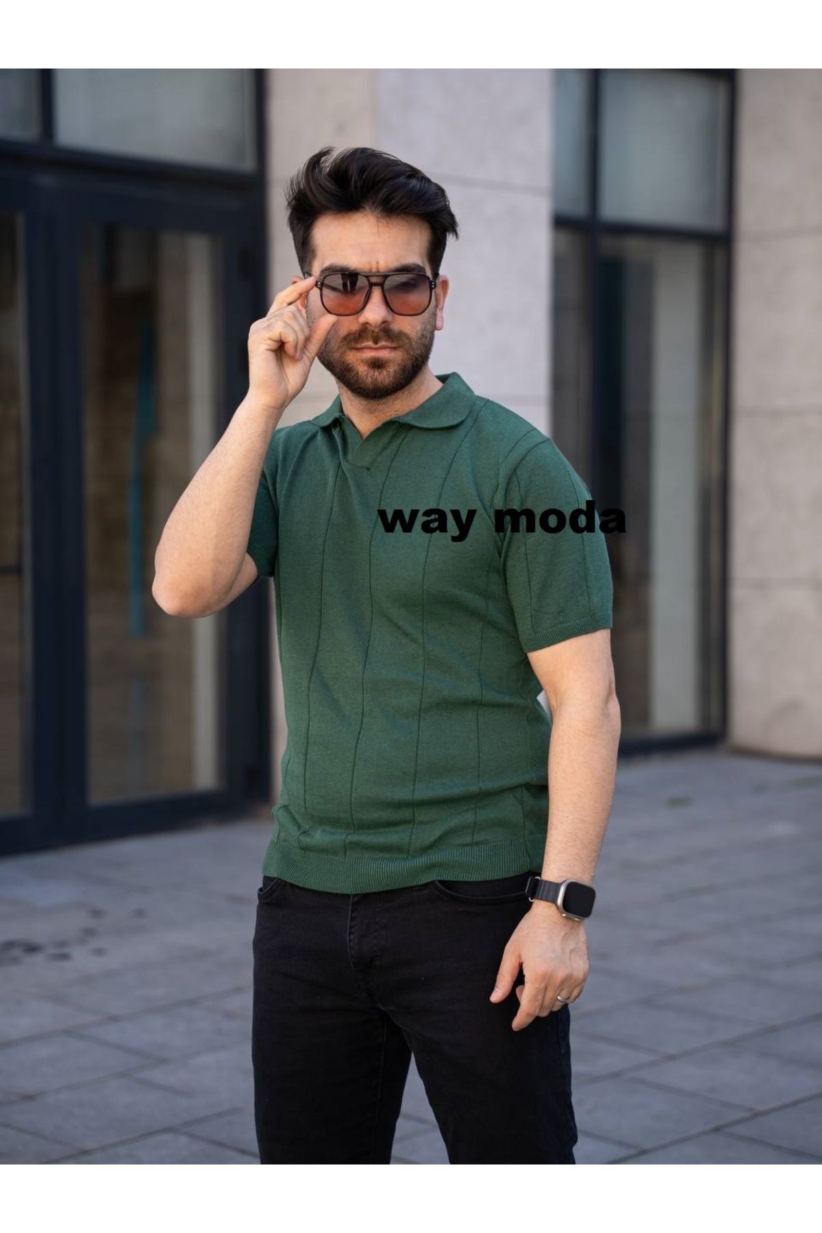 waymoda Way Moda Yeşil Hemşire Yaka Triko Erkek Tişört