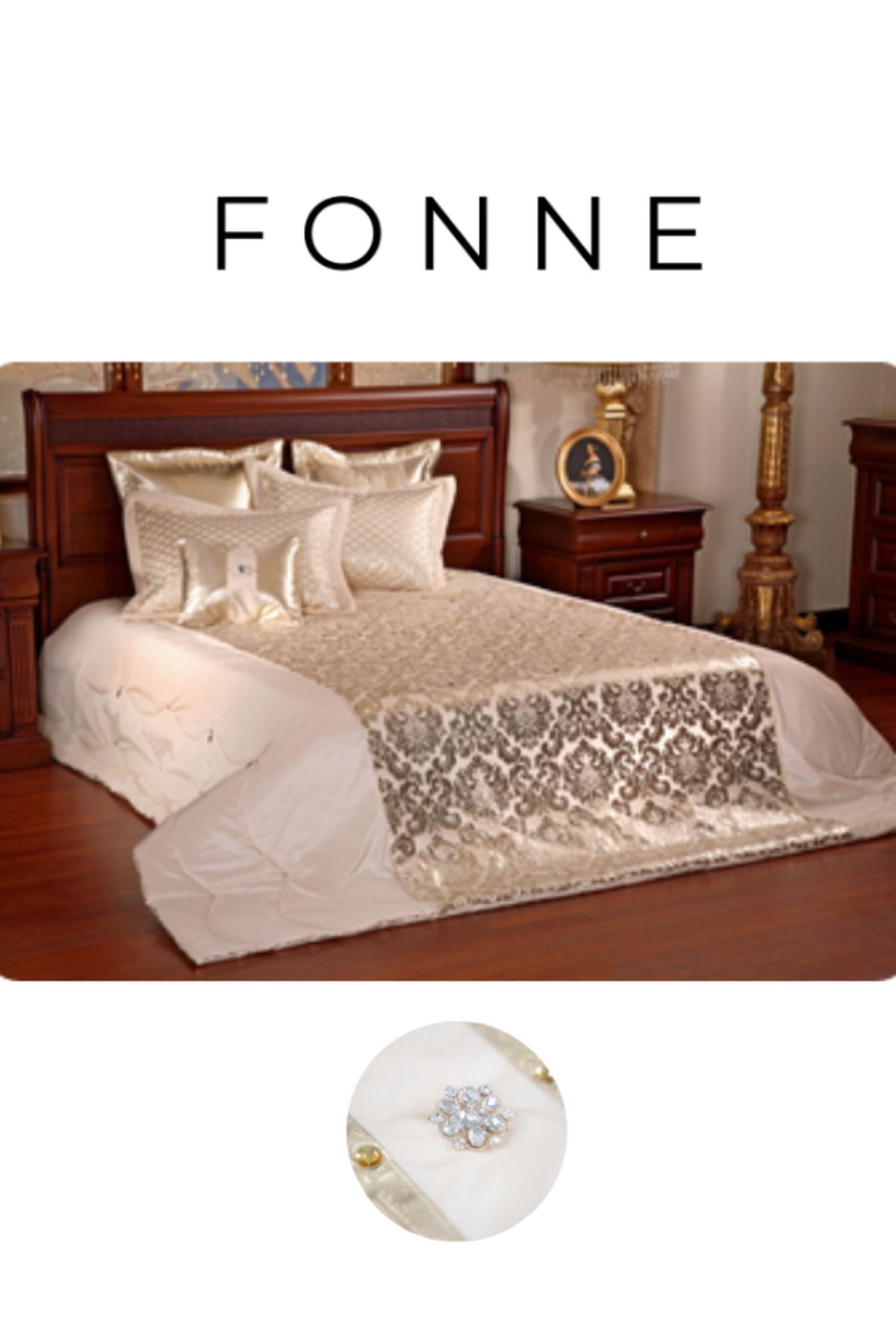 Fonne Krem Taş İşlemeli Çift Kişilik Yatak Örtüsü Takımı 260x270 ve 3 Adet Yastık