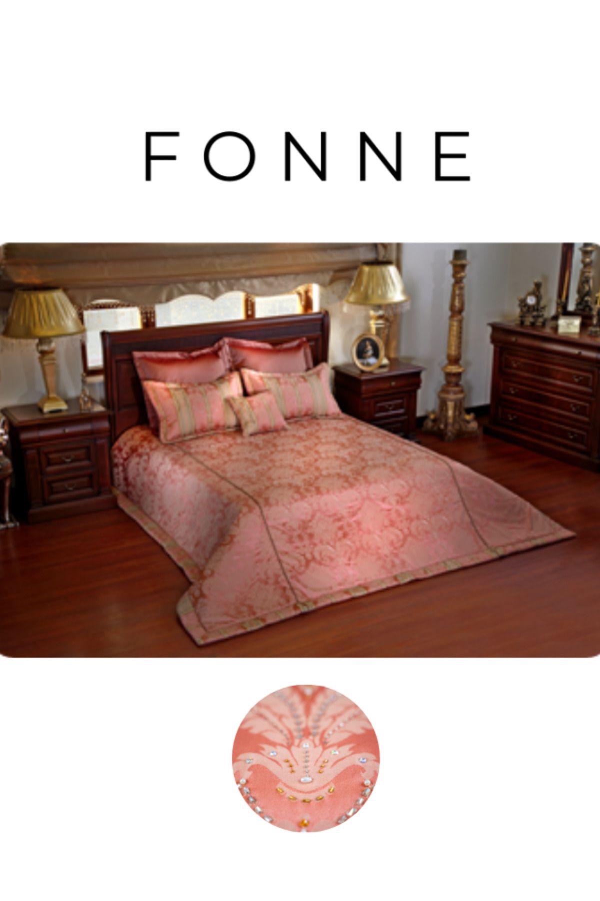 Fonne Pembe Taş İşlemeli Çift Kişilik Yatak Örtüsü Takımı 260x270 ve 3 Adet Yastık