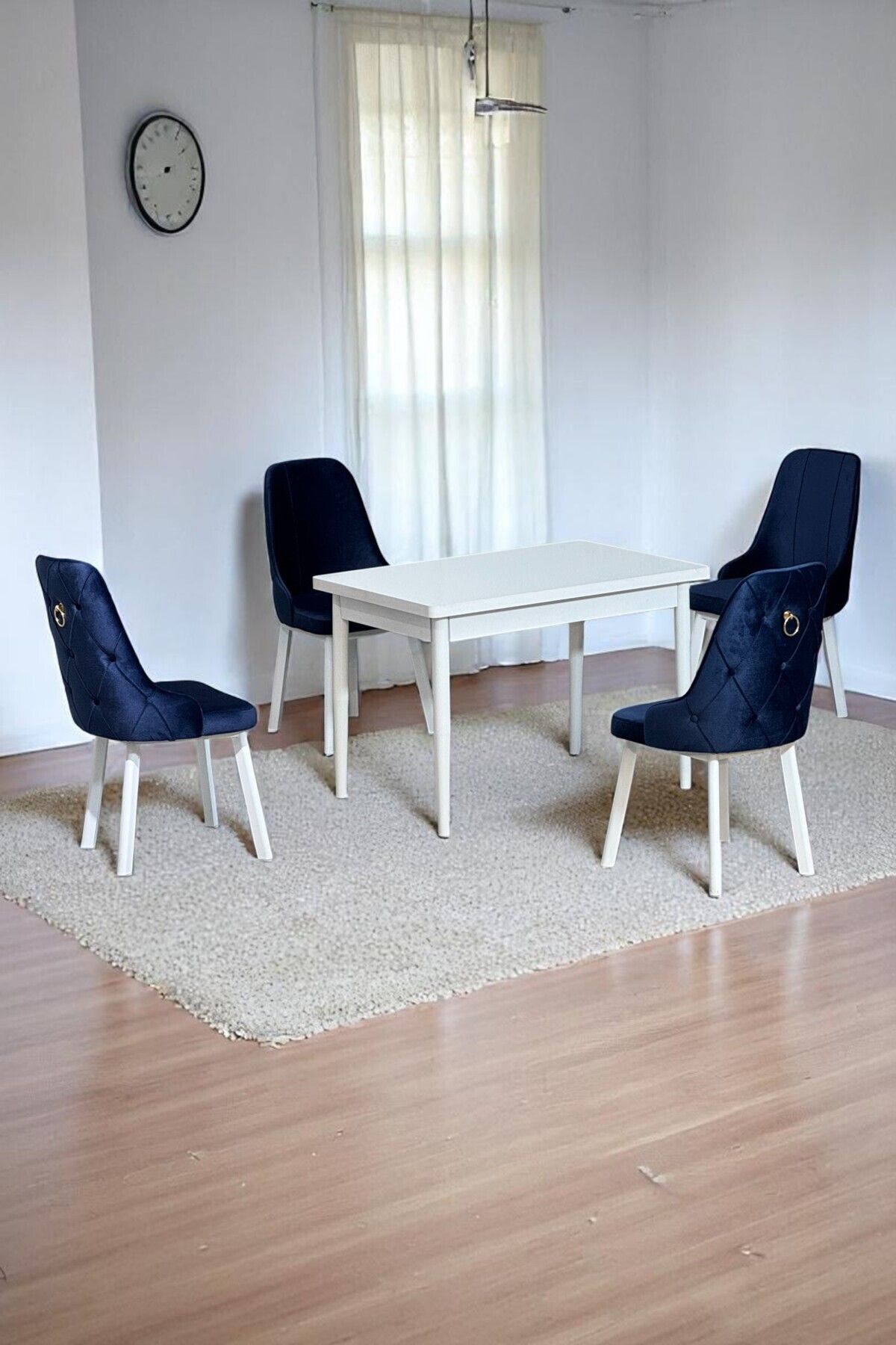 Still Beyaz MDF 70x110 Sabit Mutfak Masası Takımı Beyaz Metal Ayak 4 Lacivert Sandalye-0