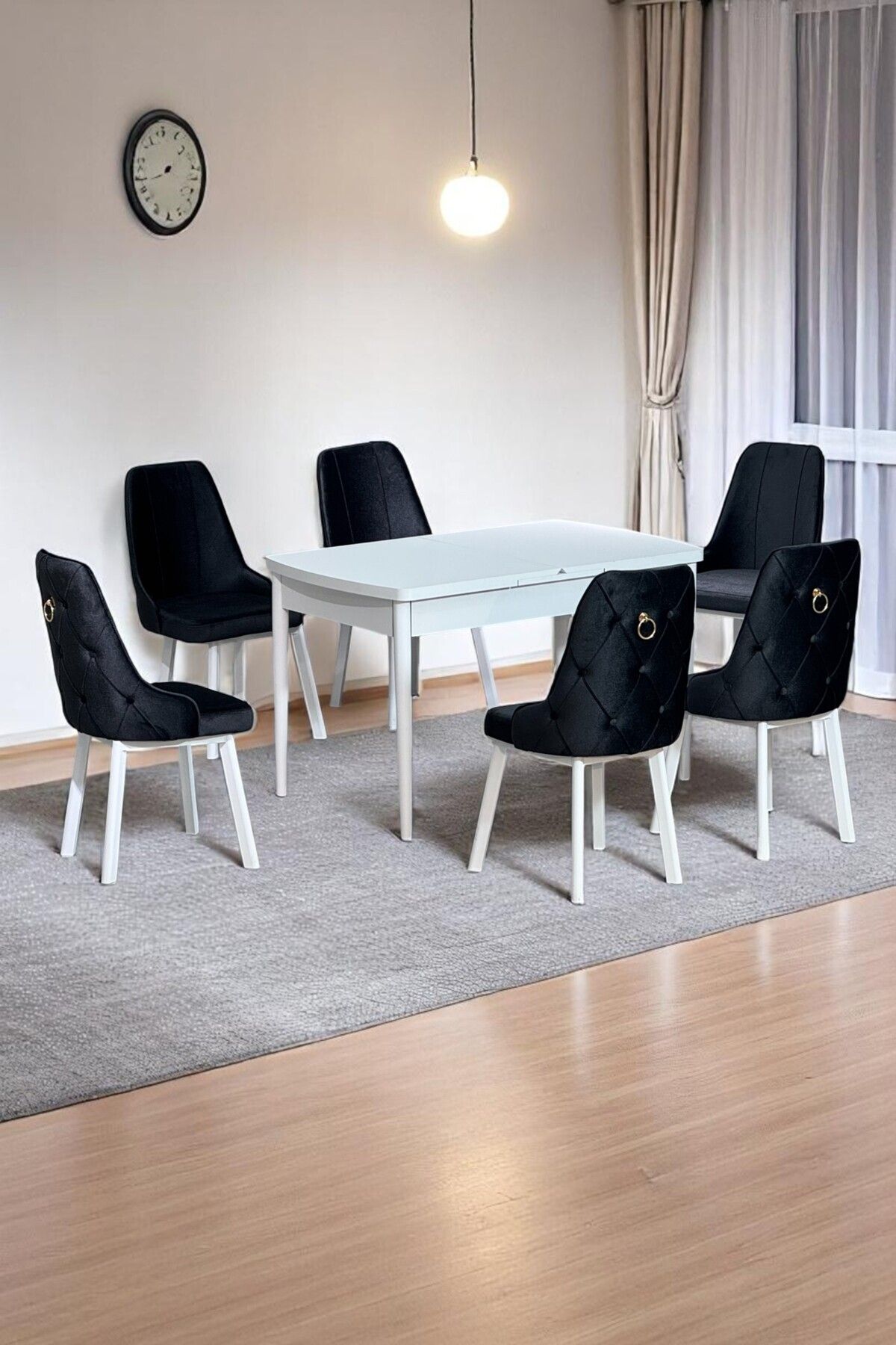 Sonata Beyaz 80 x 132 Açılabilen MDF Masa Metal Ayaklı Mutfak Masası Takımı Siyah Sandalye-0