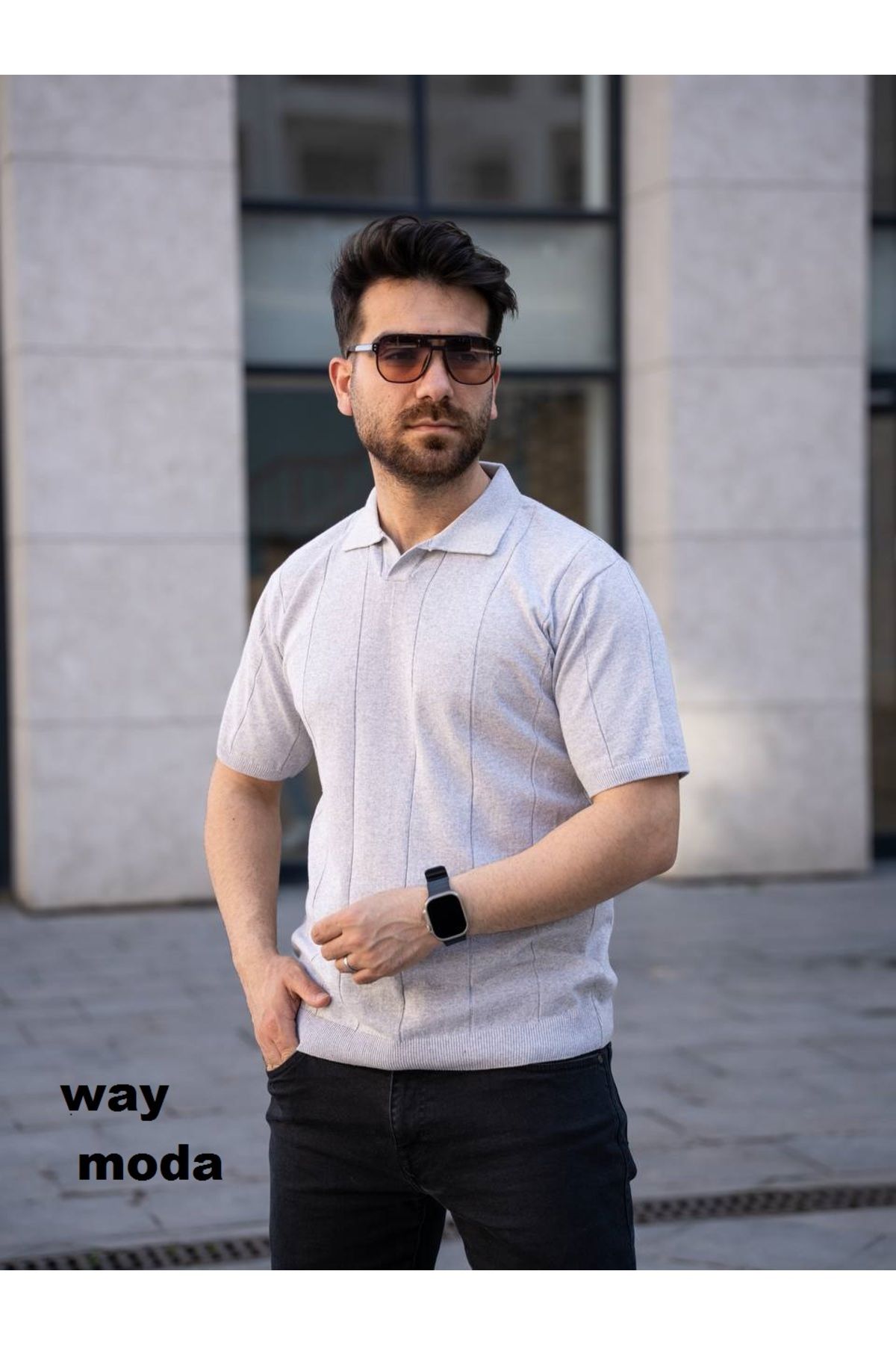 waymoda Way moda açık gri hemşire yaka Triko erkek tişört