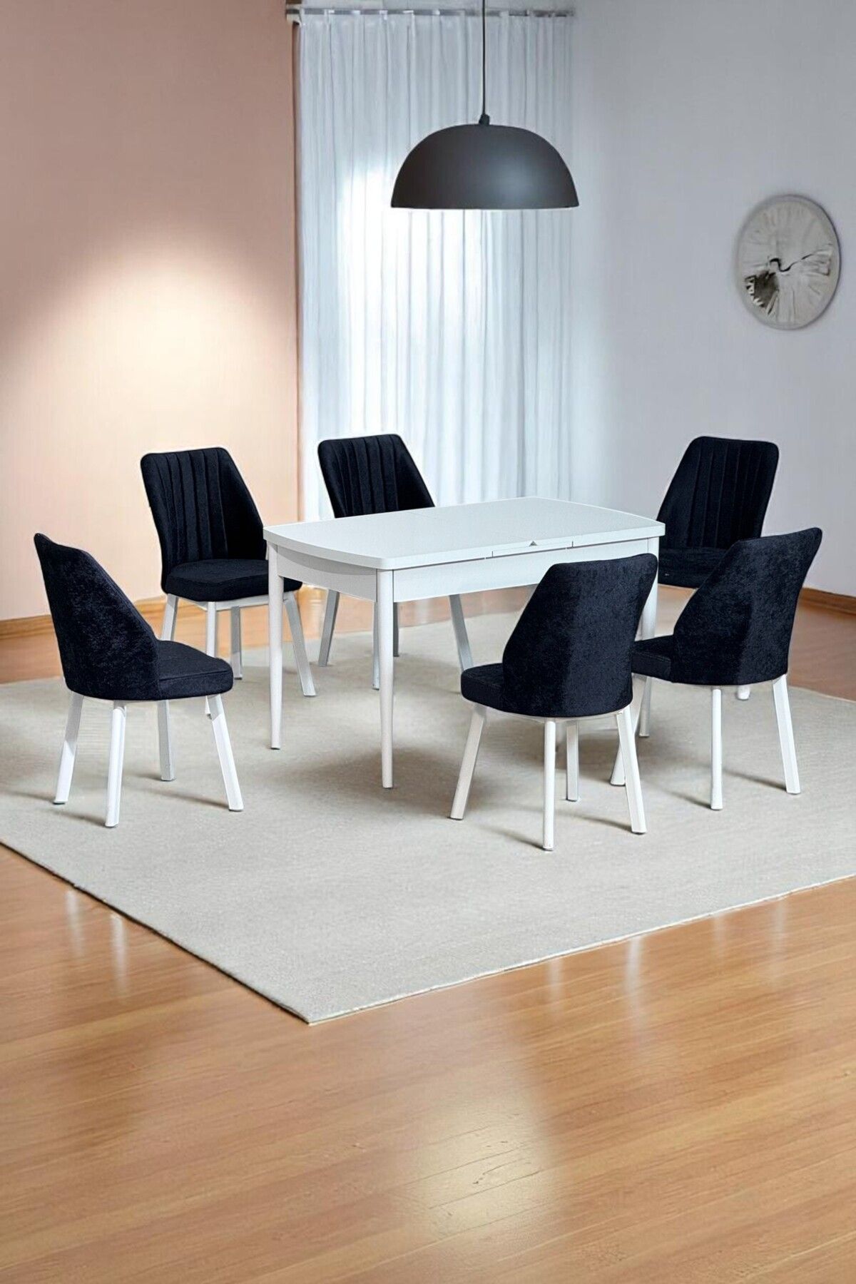 Sera Beyaz 80 x 132 Açılabilen MDF Masa Beyaz Metal Ayaklı Mutfak Masası 6 Siyah Sandalye-0