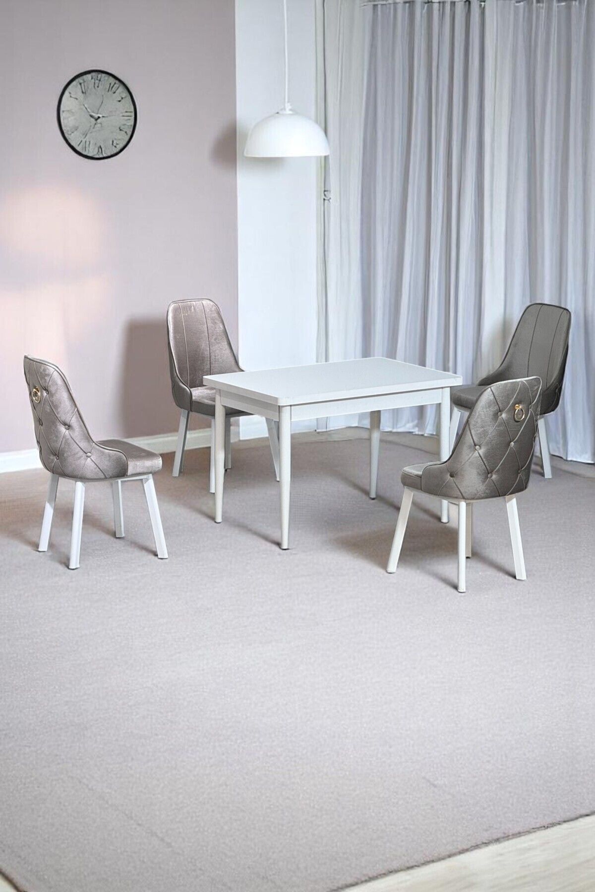 Still Beyaz MDF 70x110 Sabit Mutfak Masası Takımı Beyaz Metal Ayak 4 Cappucino Sandalye-0