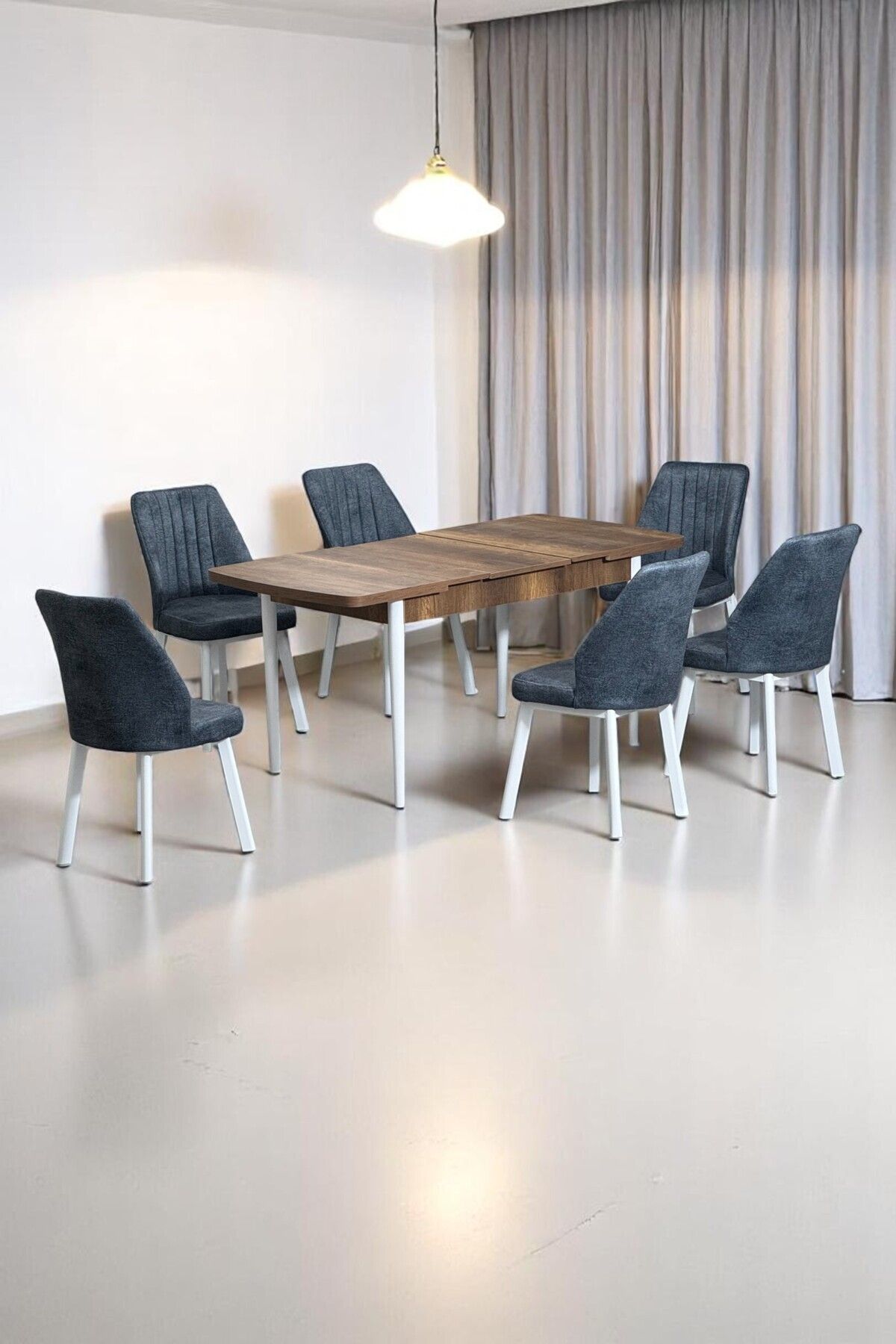 Sera Ceviz 80 x 132 Açılabilen MDF Masa Beyaz Metal Ayaklı Mutfak Masası 6 Kot Füme Sandalye-0