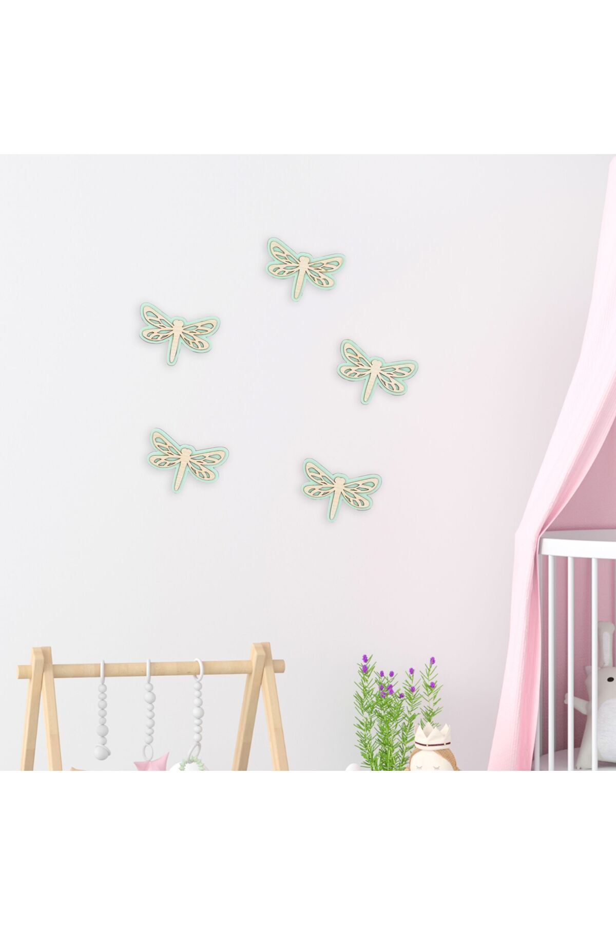 SerenityHaven Ahşap Yusufçuk Duvar Süsü 5’li Set – Çocuk Odası Dekoru | 5 Renk Seçeneği, Bebek Odası Dekorasyon