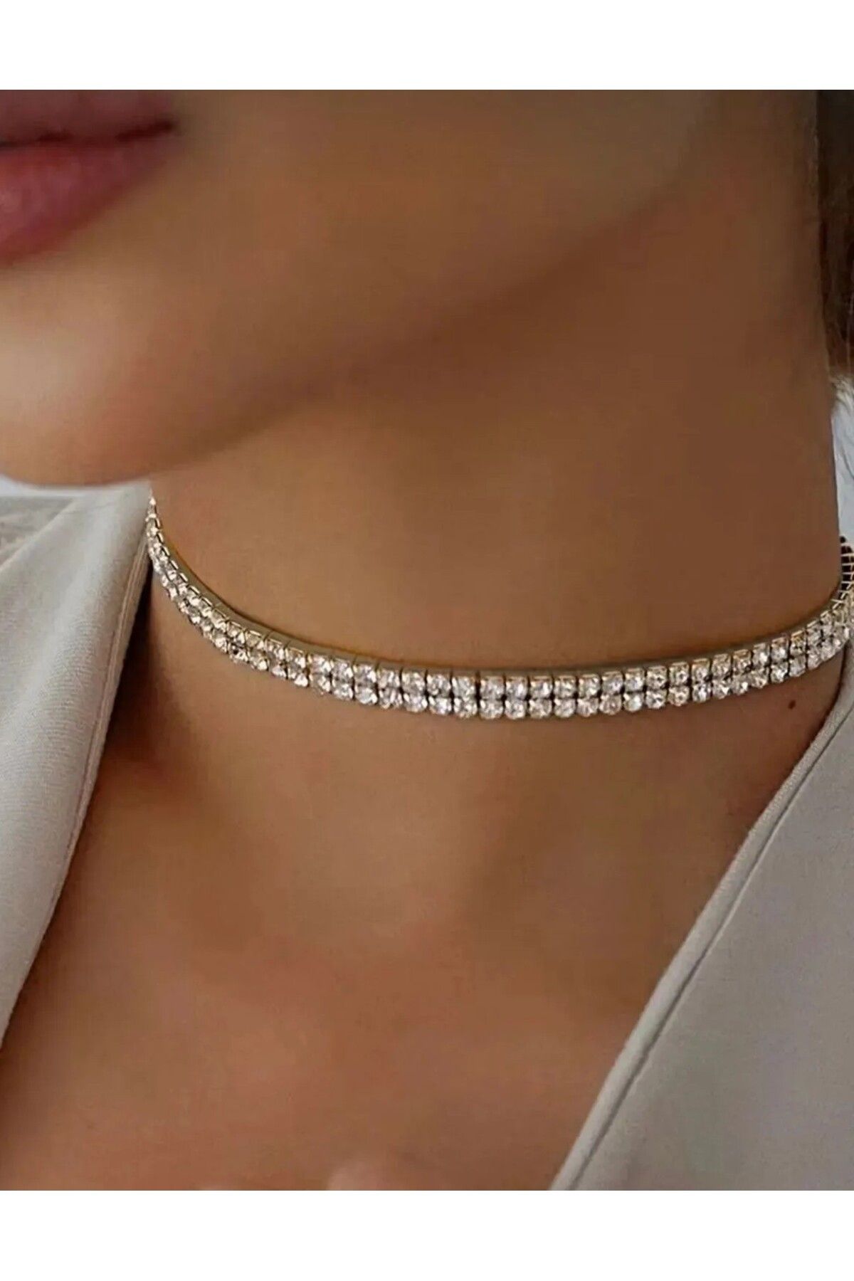 HARİNA Kadın Çift Sıra Zirkon Taşlı Rhinestone Choker Kolye, Hediye Kutulu