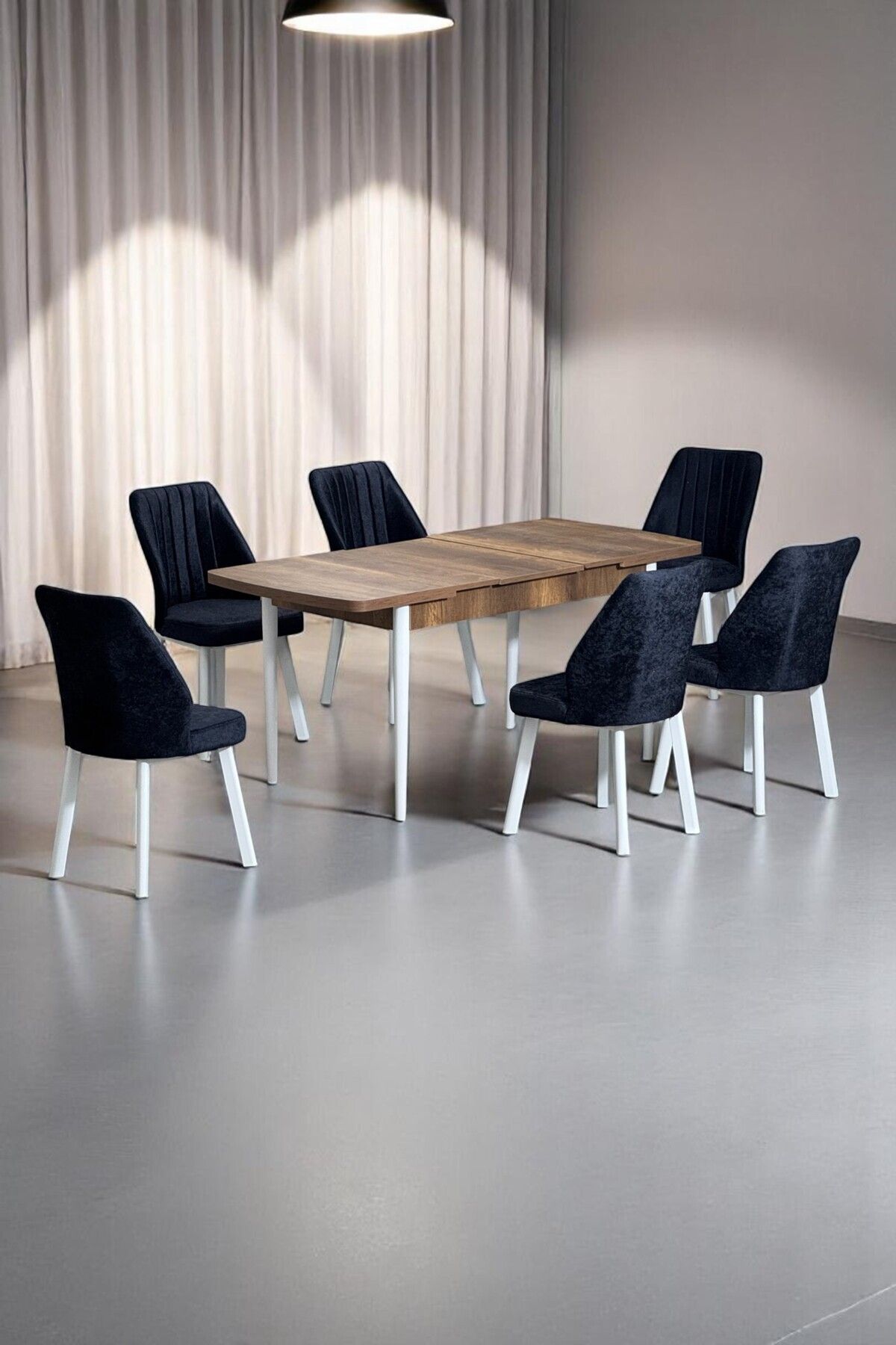 Sera Ceviz 80 x 132 Açılabilen MDF Masa Beyaz Metal Ayaklı Mutfak Masası 6 Siyah Sandalye-0