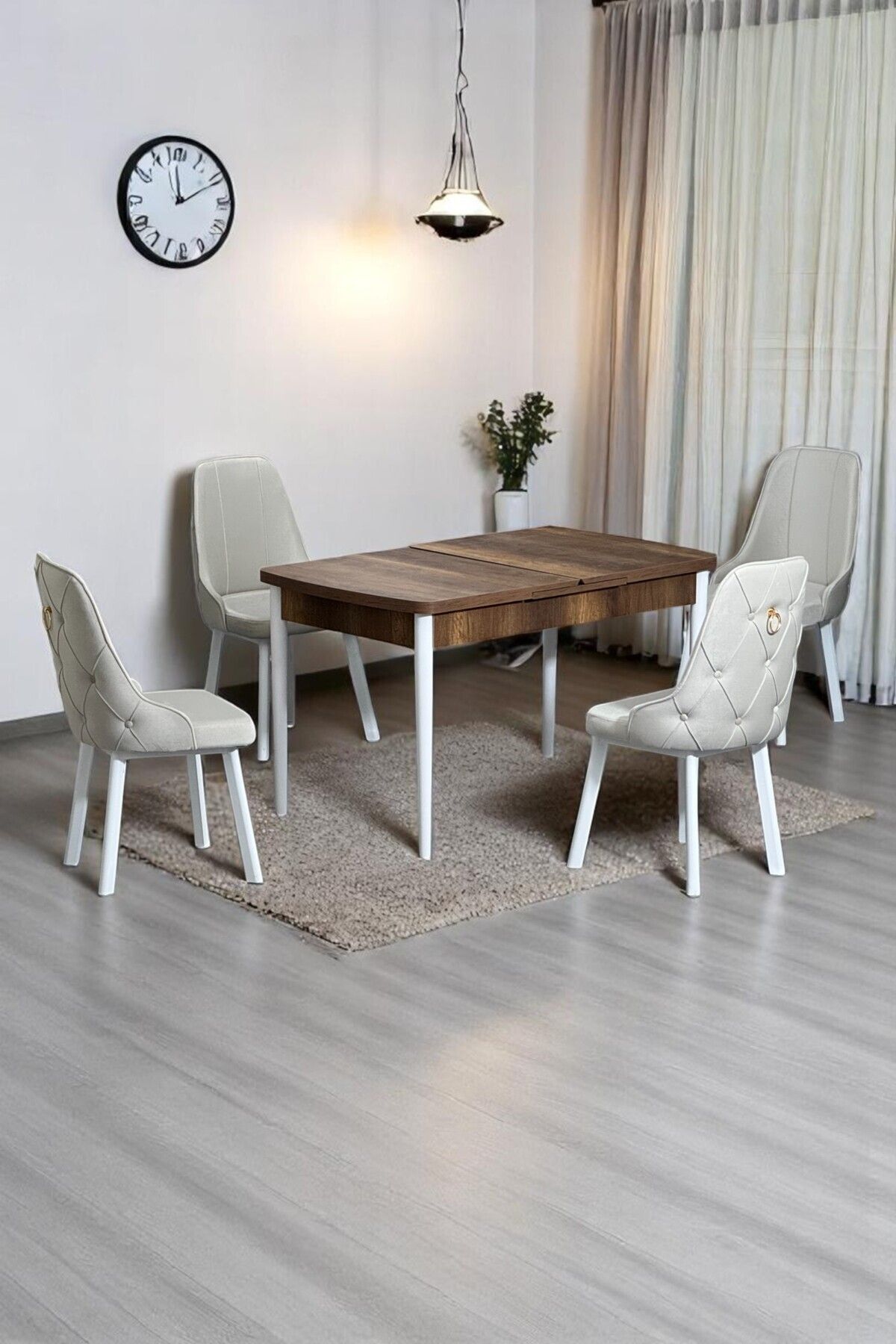Monera Ceviz 80 x 132 Açılabilen MDF Masa Metal Ayaklı Mutfak Masası Takımı 4 Krem Sandalye-0
