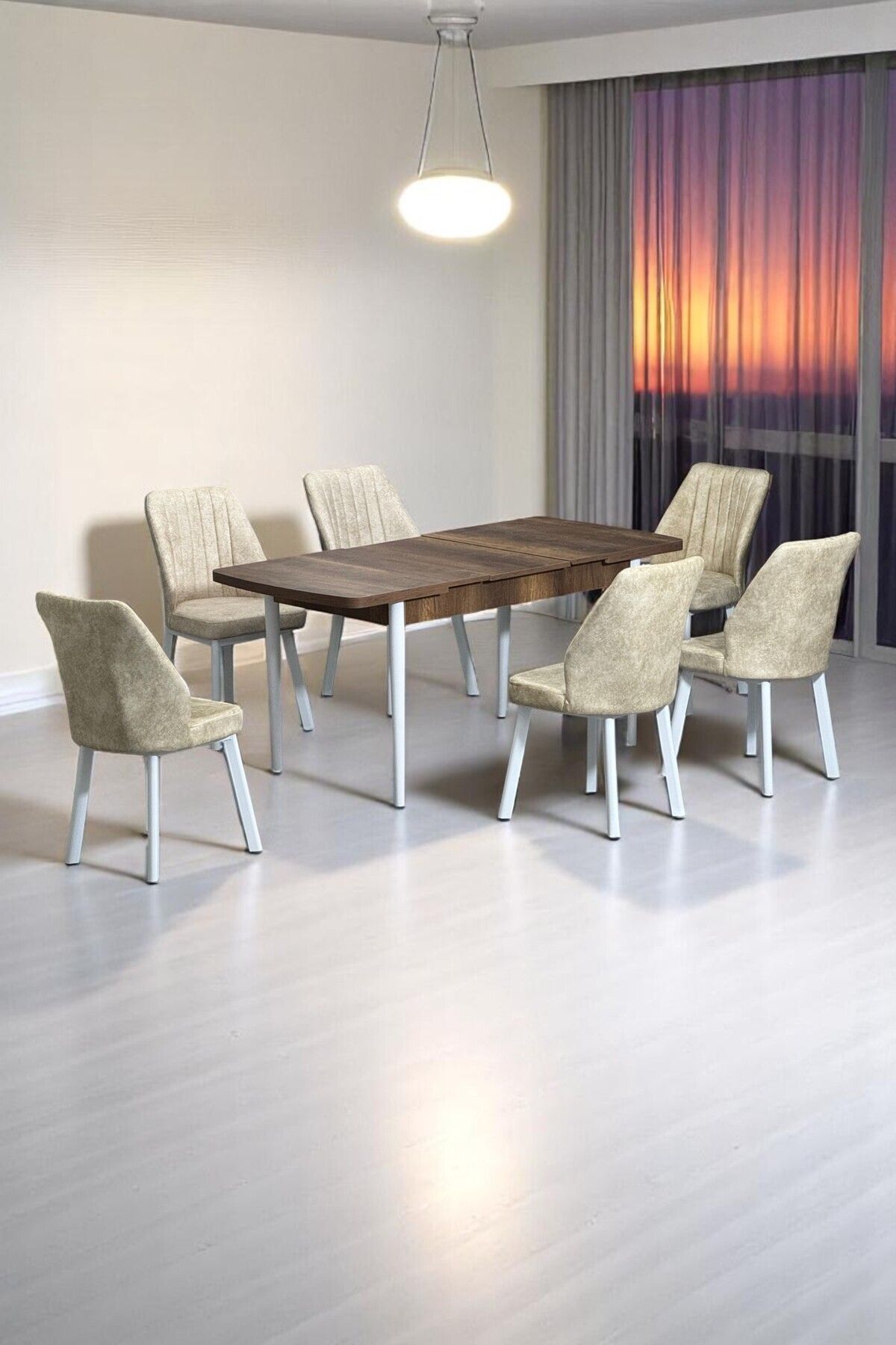 Sera Ceviz 80 x 132 Açılabilen MDF Masa Beyaz Metal Ayaklı Mutfak Masası 6 Krem Sandalye-0