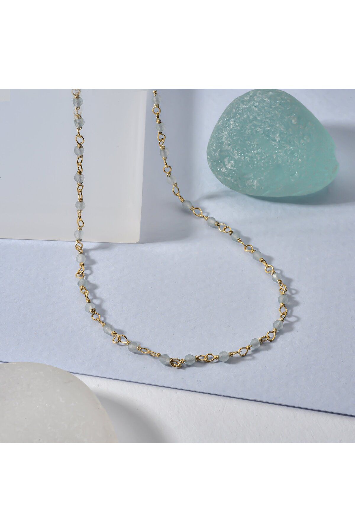 Nox Jewelry 14 Ayar Altın Kaplama Aqumarine Ham Değerli Taş Gümüş Gerdanlık - CNS00638