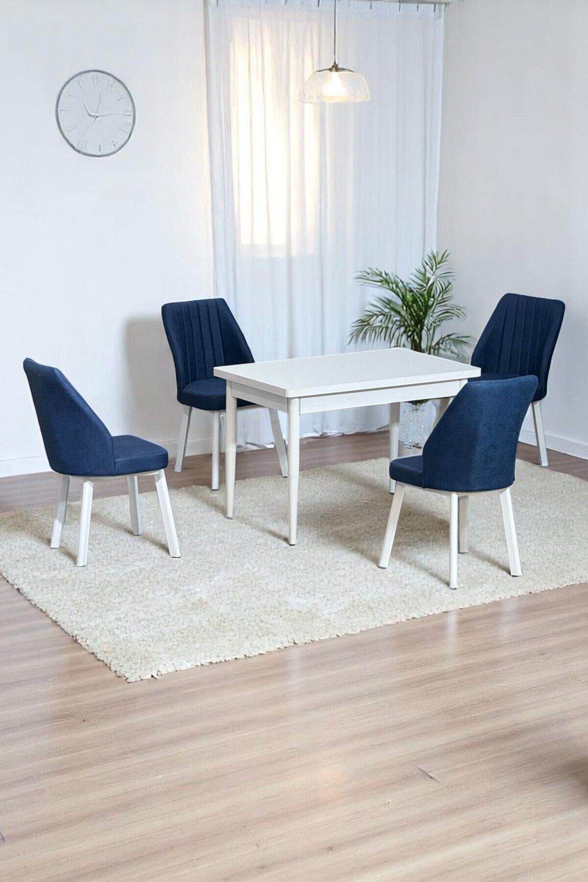 ARVEN Beyaz MDF 70x110 Sabit Mutfak Masası Takımı Beyaz Metal Ayak 4 Lacivert Sandalye-0