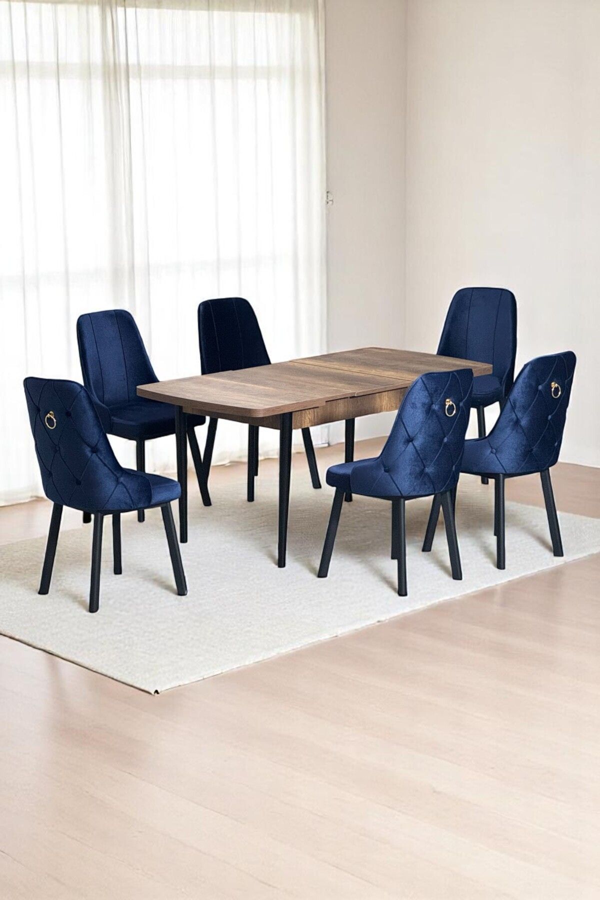 Sonata Ceviz 80 x 132 Açılabilen MDF Masa Siyah Metal Ayaklı Mutfak Masası 6 Lacivert Sandalyeli-0