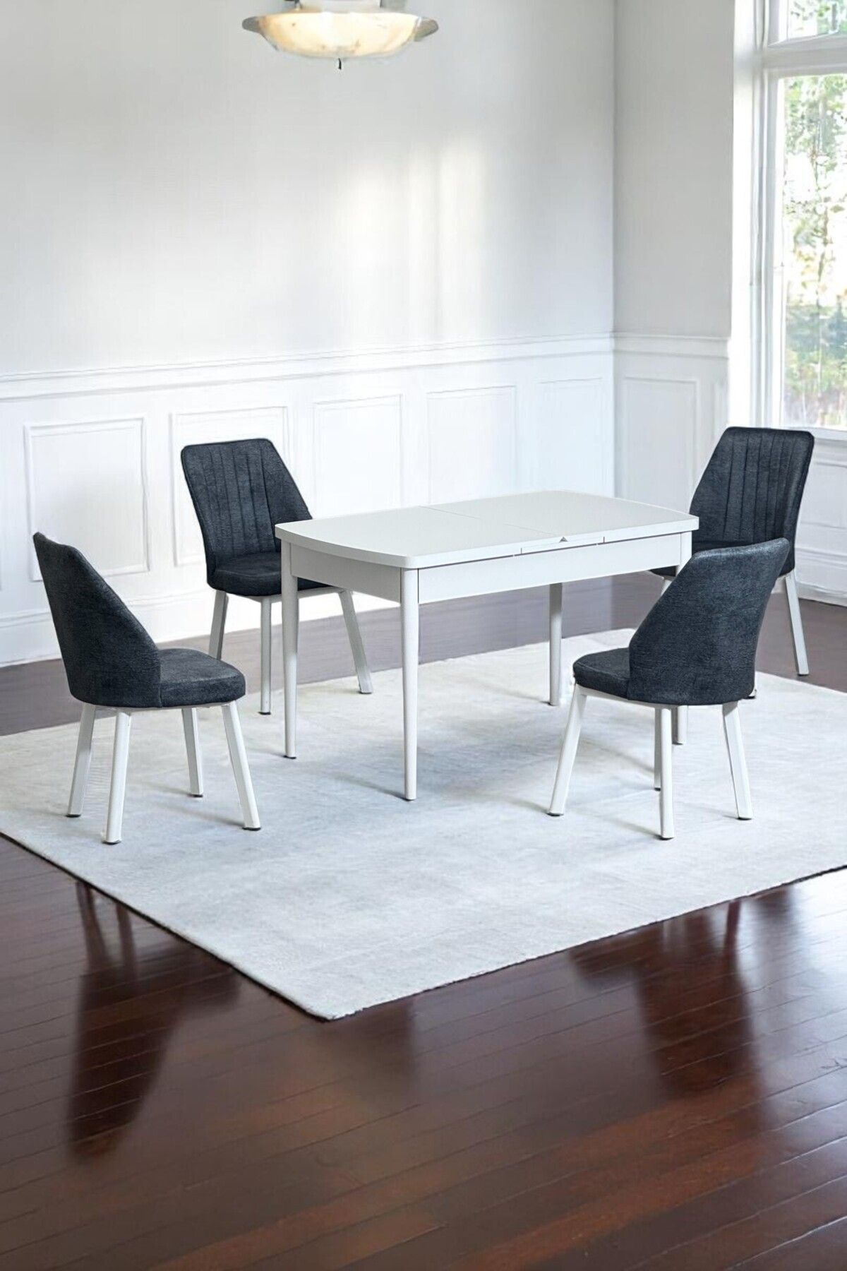 Florn Beyaz 80 x 132 Açılabilen MDF Masa Metal Ayaklı Mutfak Masası Takımı 4 Füme Desen Sandalye-0