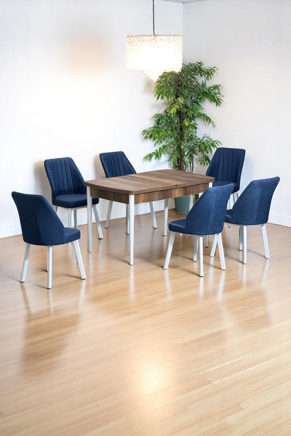 Sera Ceviz 80 x 132 Açılabilen MDF Masa Beyaz Metal Ayaklı Mutfak Masası 6 Lacivert Sandalye-0