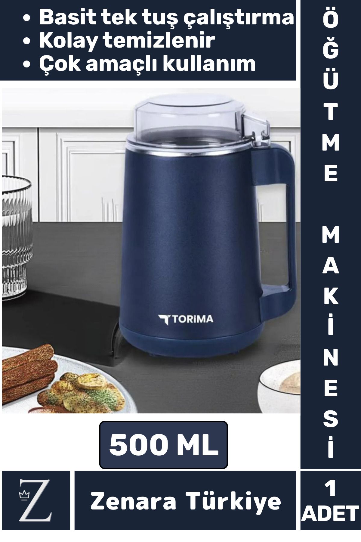 Zenara Ergonomik Tutma Saplı Kolay Temizlenir Tek Tuş Bas Çalıştır Kuruyemiş Baharat Kahve Öğütücü 500 ML