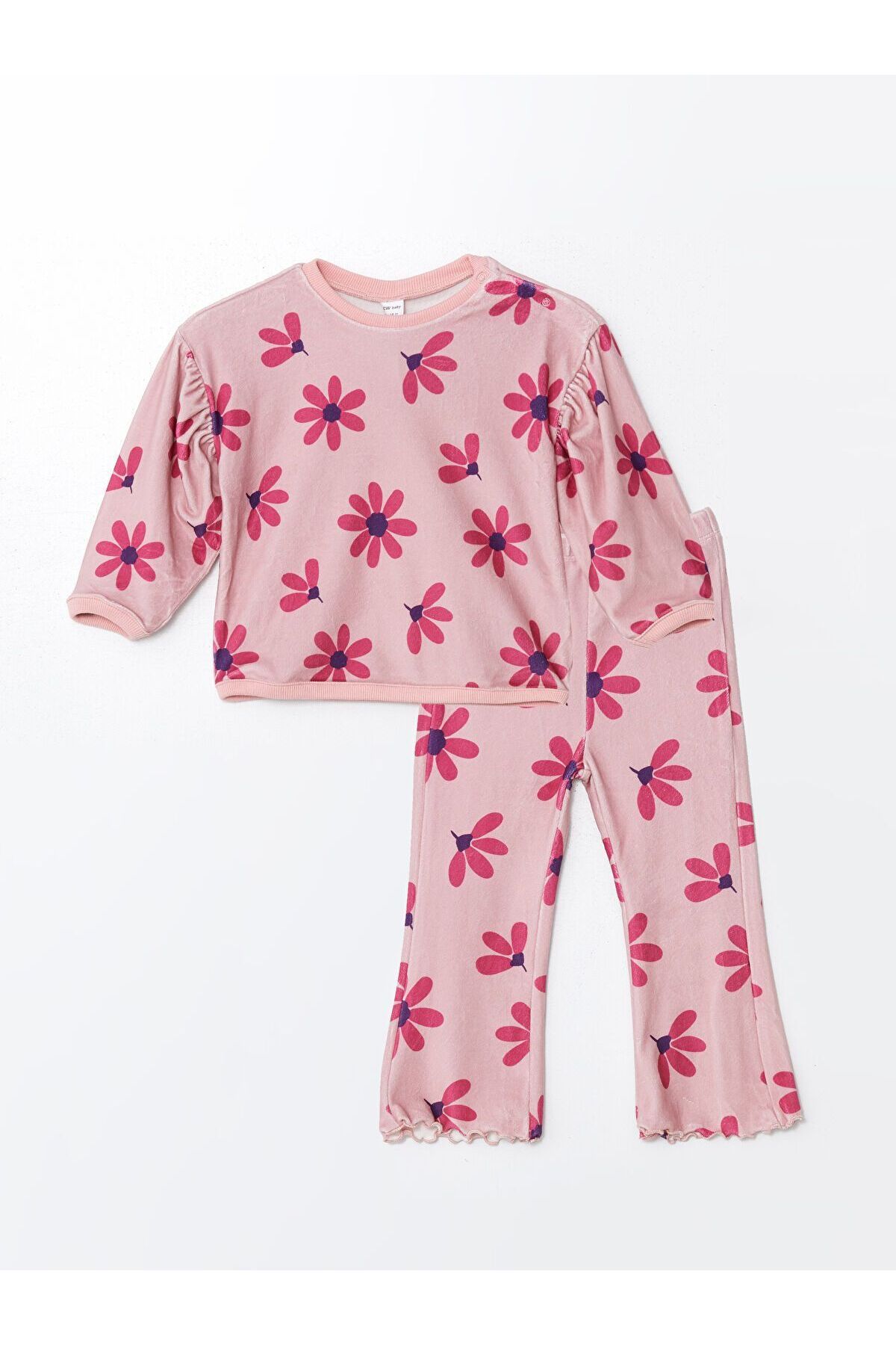 LC Waikiki Kadife Çiçekli Kız Bebek Sweatshirt ve Tayt 2'li