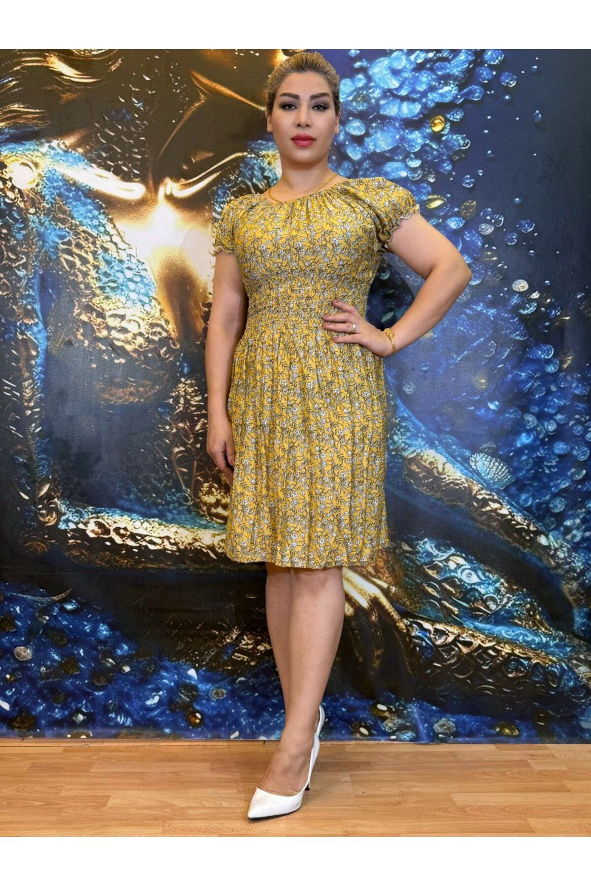 Yeşilmoda Elbise,Pamuklu,Çiçek desenli,Yazlik,Astarsız,Standart beden,Likralı bel,Sarı renk,midi