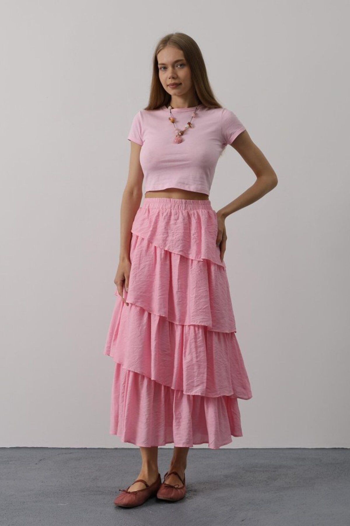 velmorafashion Katlı Kesim Uzun Etek - Pembe