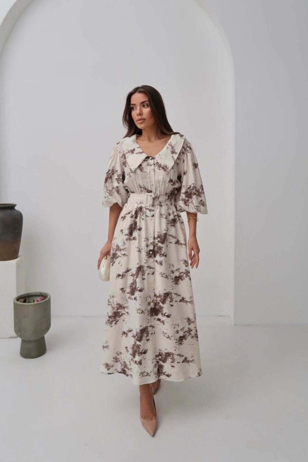 velmorafashion Kahverengi Desenli Kemerli Elbise