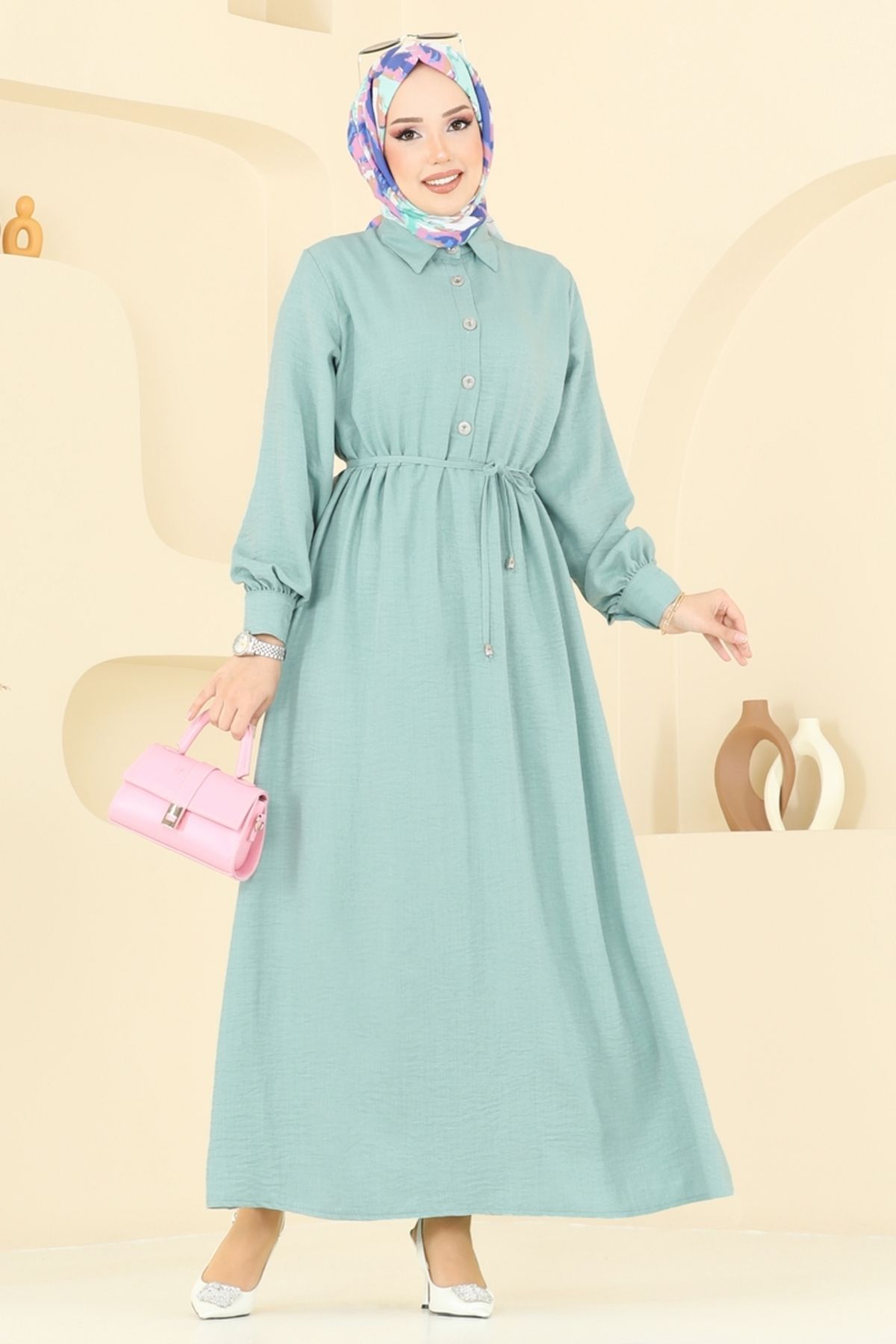 Modaselvim Yarım Düğmeli Sofia Elbise 381DVL817 Açık Mint