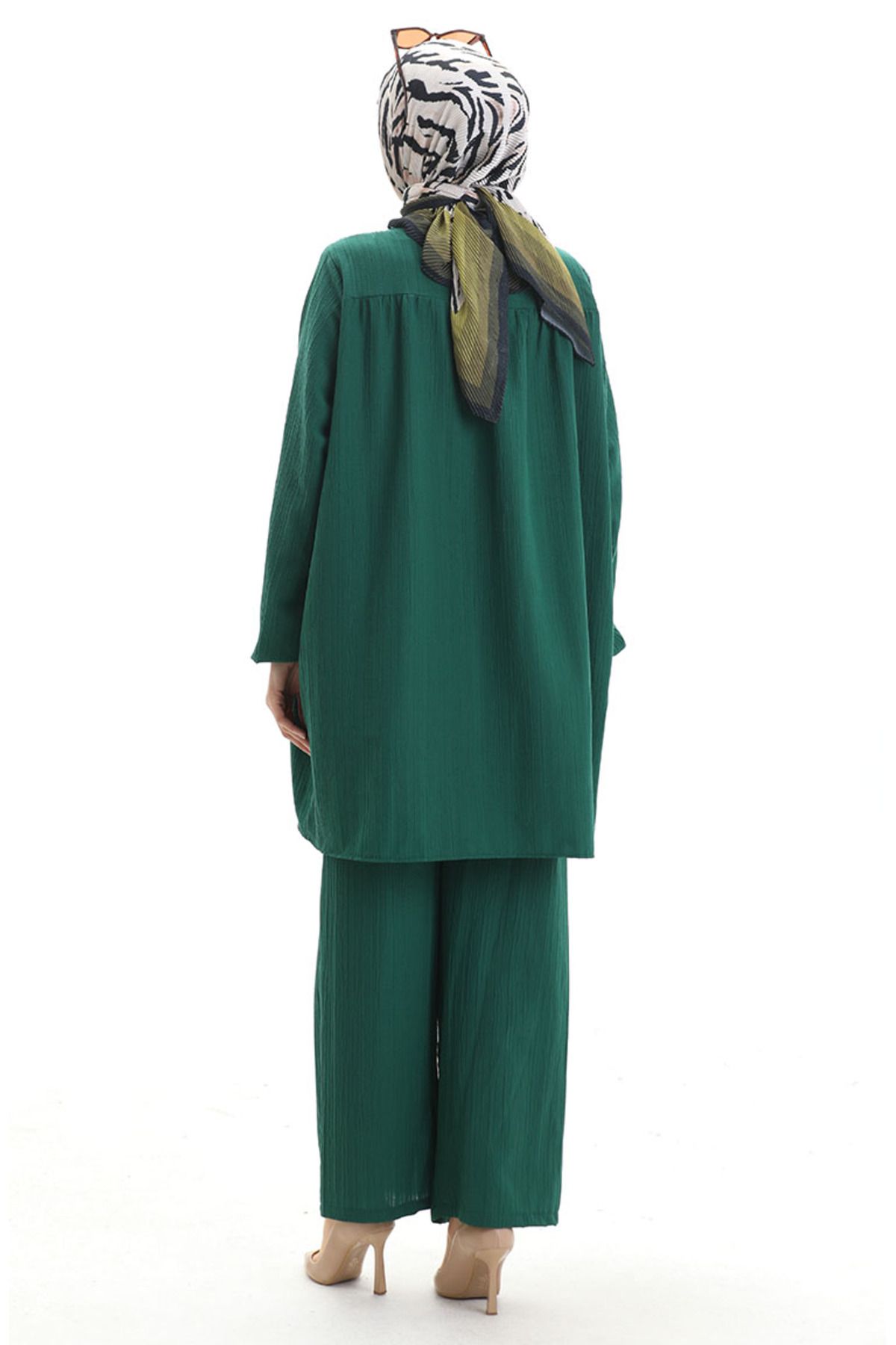 sefamerve-Tunic Trousers with Elastic Sleeves Double Set 0103-03 Emerald Green 6