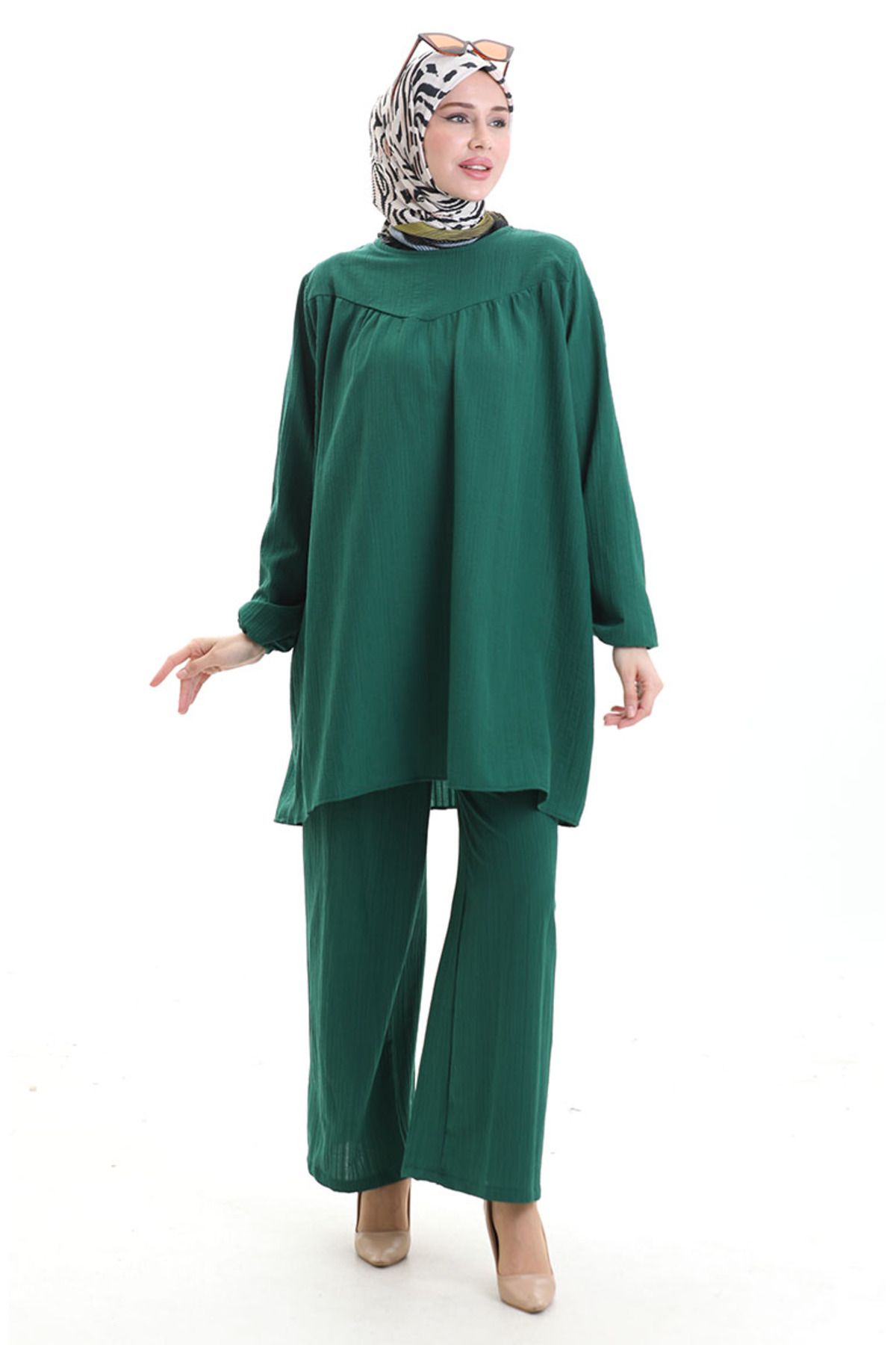 sefamerve-Tunic Trousers with Elastic Sleeves Double Set 0103-03 Emerald Green 2
