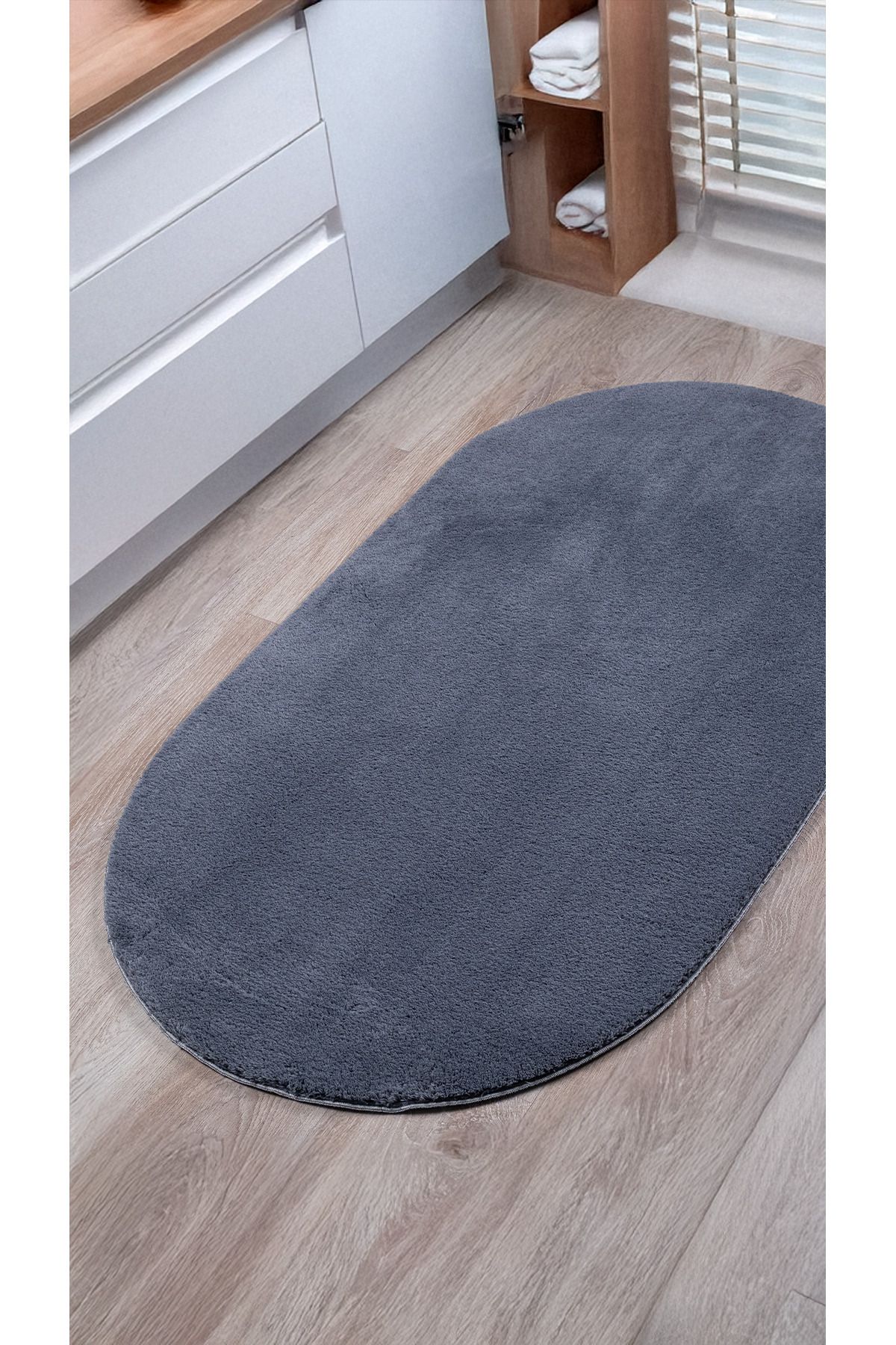 Serenest Home Antrasit Oval Peluş Halı Post Kürk Yumuşak Halı Kaymaz Taban Makinede Yıkanabilir