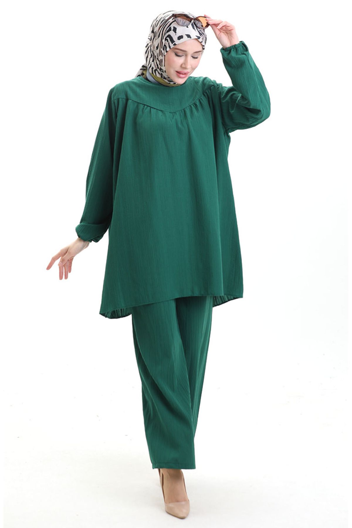 sefamerve-Tunic Trousers with Elastic Sleeves Double Set 0103-03 Emerald Green 3