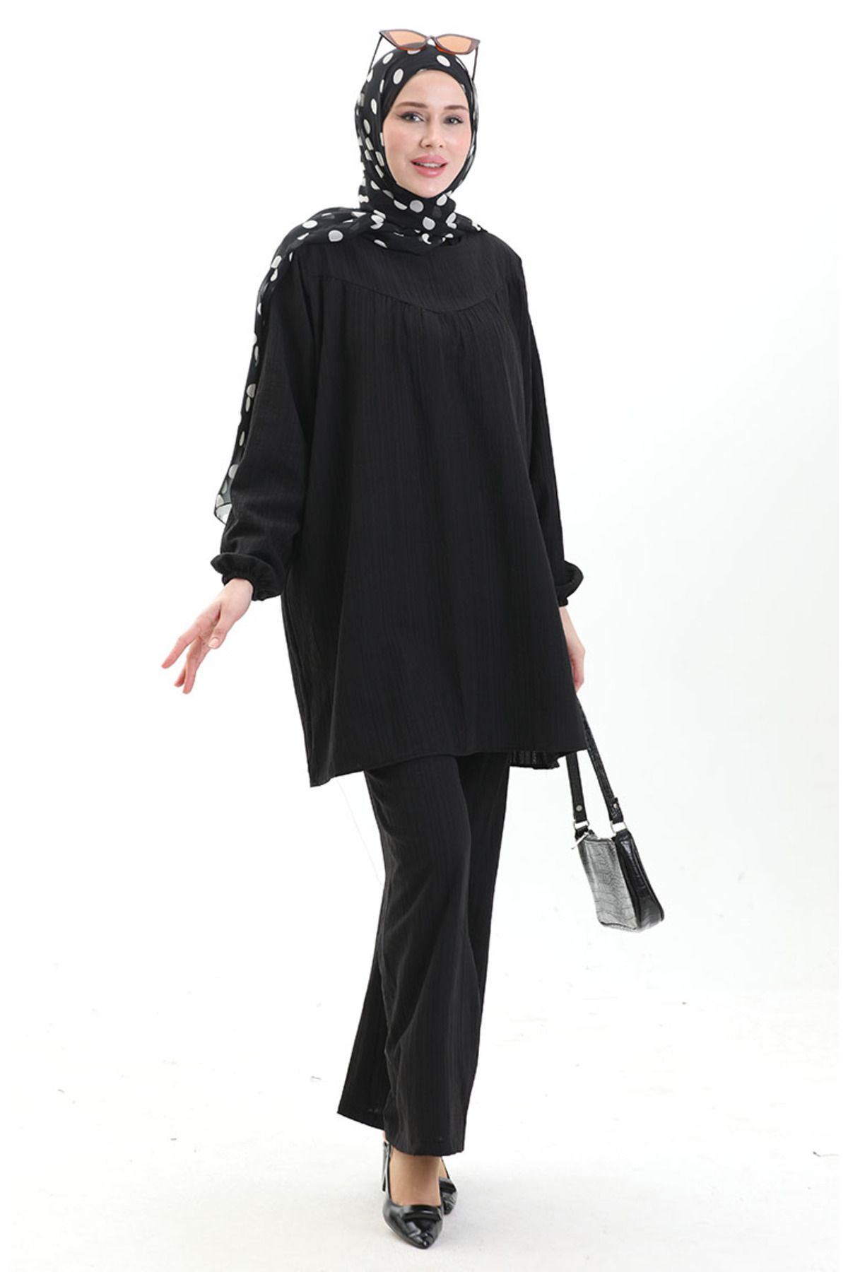 sefamerve-Tunic Trousers with Elastic Sleeves Double Set 0103-01 Black 1