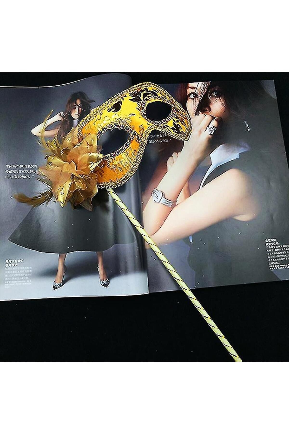 Angel Of Life Lüks Taşlı Saplı Maskeli Balo Maskesi Altın Renk 35 cm