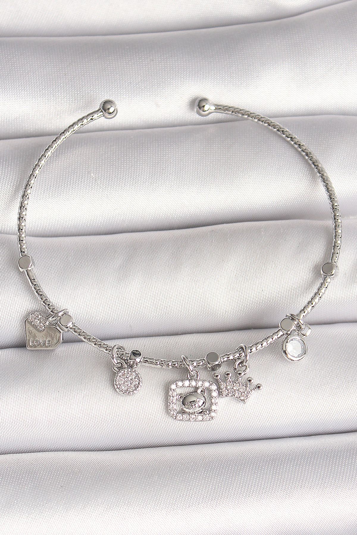 Angel Of Life Pirinç Gümüş Renk Sallantı Zirkon Taşlı Ayıcık Figür Taç Detay Charm Kadın Bileklik - TJ-BB6907