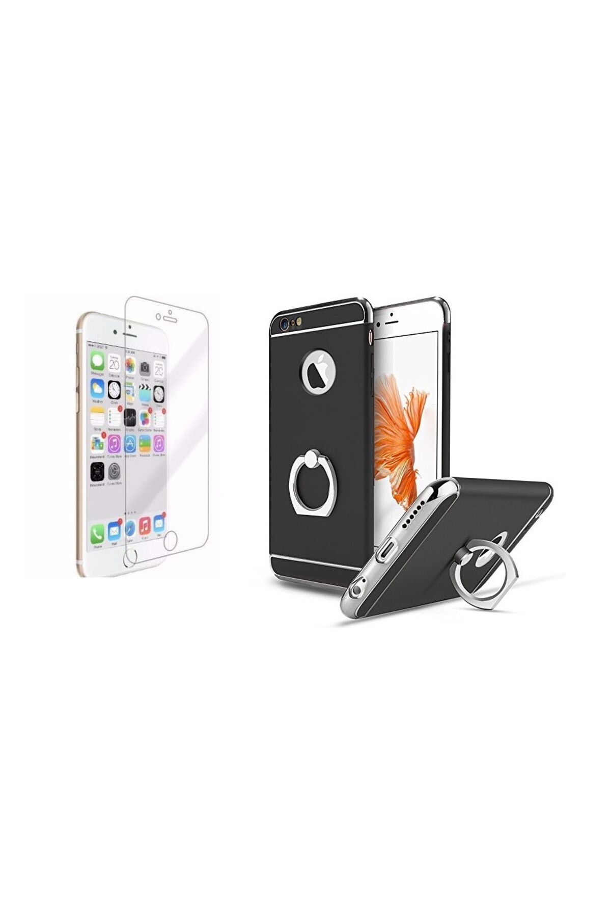 OEM Pachet Husă Apple Iphone 6/6s, Inel Mystyle Elegance Luxury 3in1 Negru, Folie De Protecție Din Sticlă Gratuită - One Size
