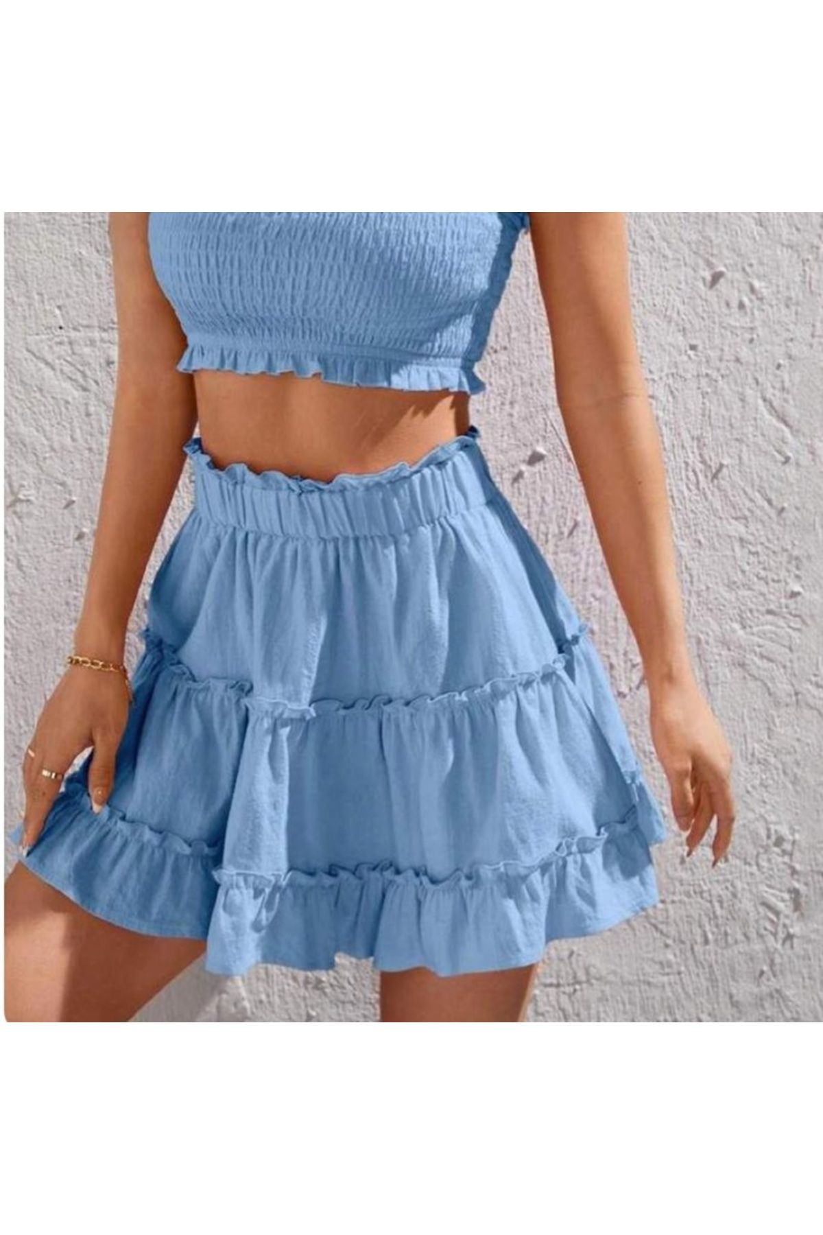 Pupa Beli Lastikli Müslin Katlı Mini Etek